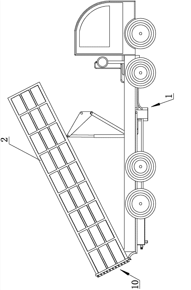 Dumper with discharge spray dust suppression device