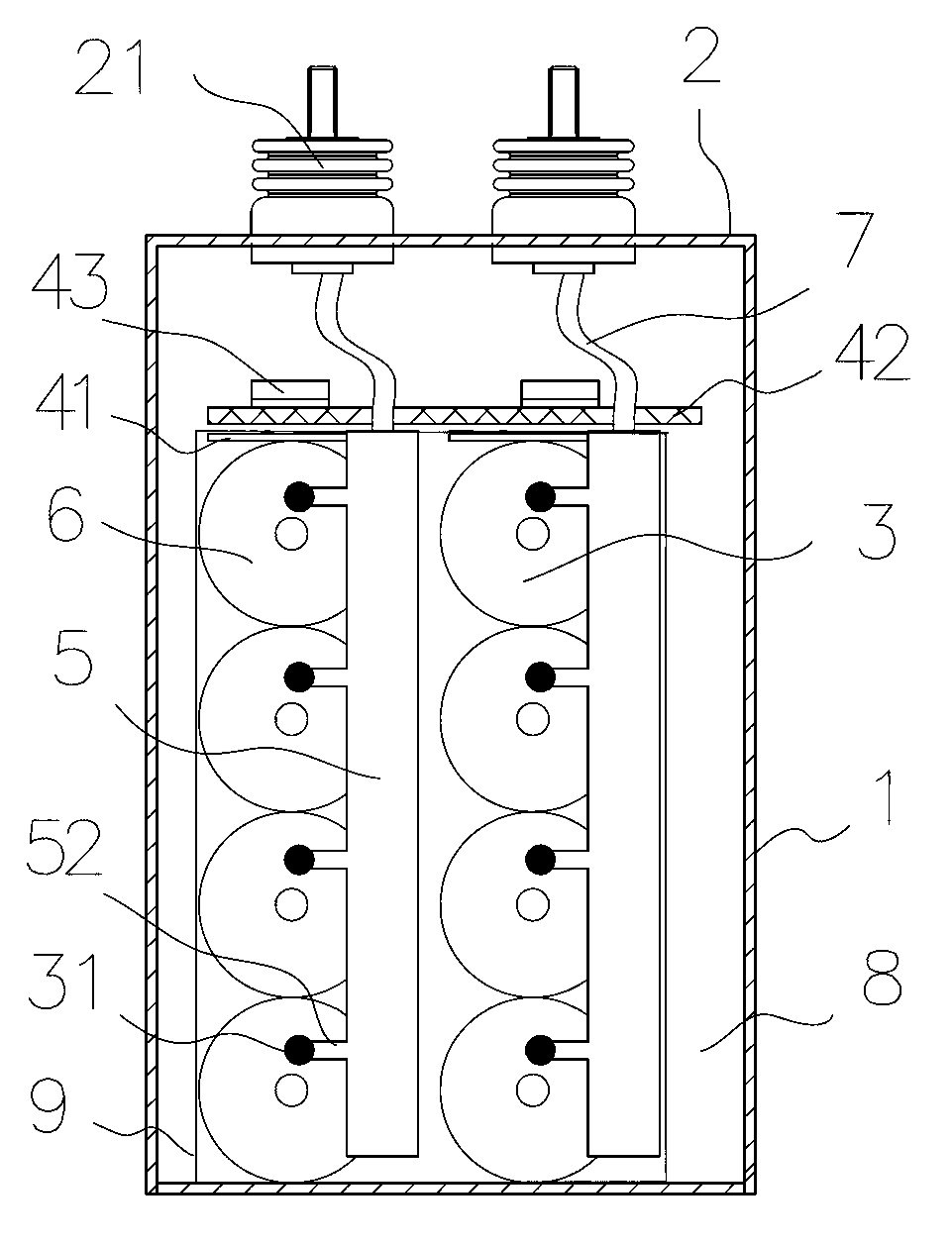 High-power power electronic capacitor for elastic connection among core sets and copper bars