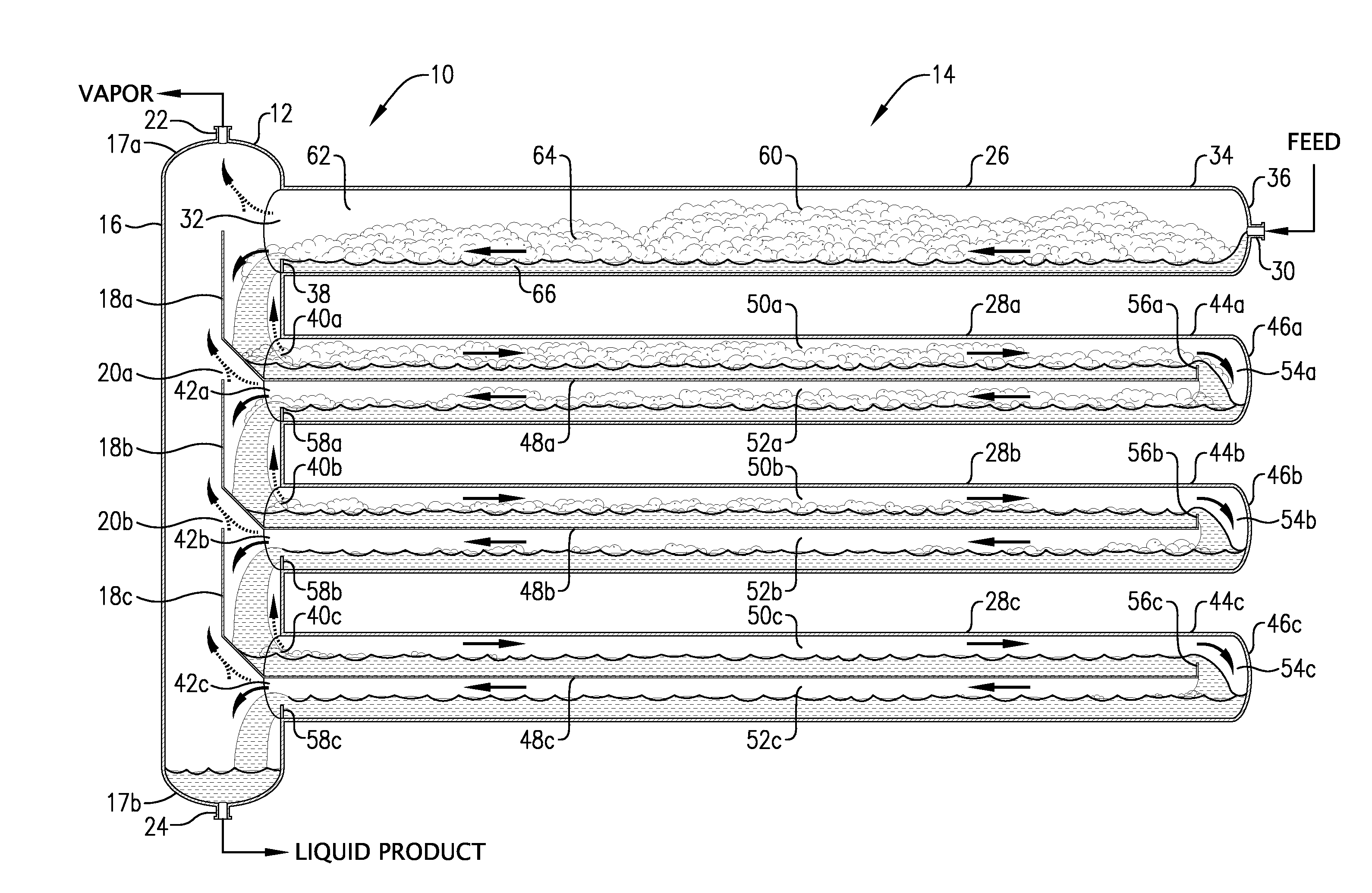 Multi-level tubular reactor with vertically spaced segments