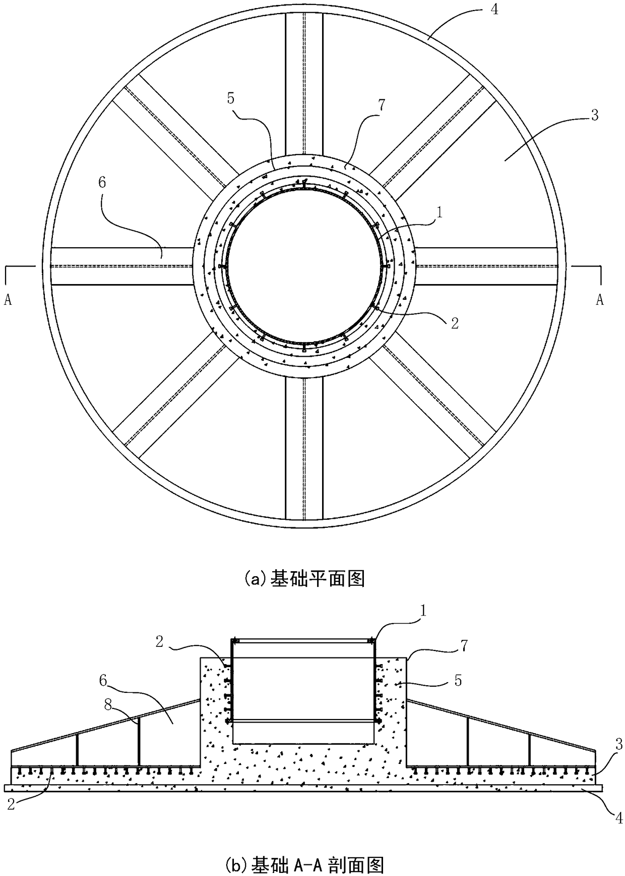 Wind power tower drum foundation ring ribbed beam type foundation based on combined structure