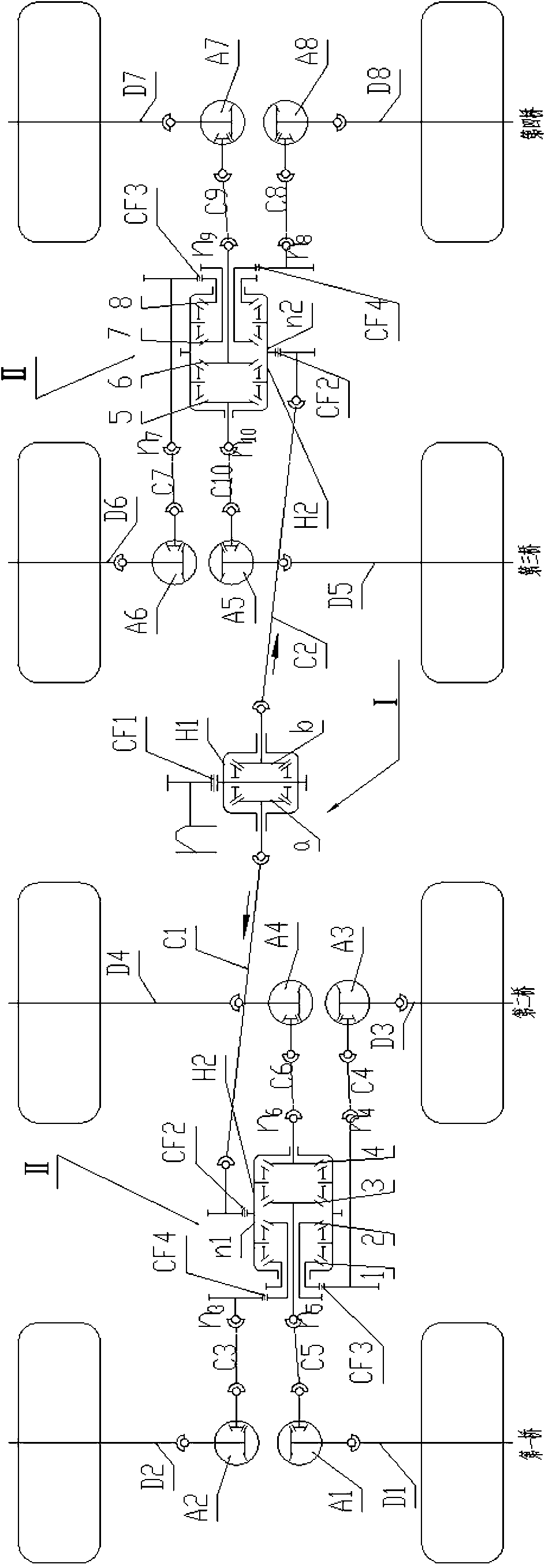 Differential transmission system of full-time eight-wheel drive vehicle