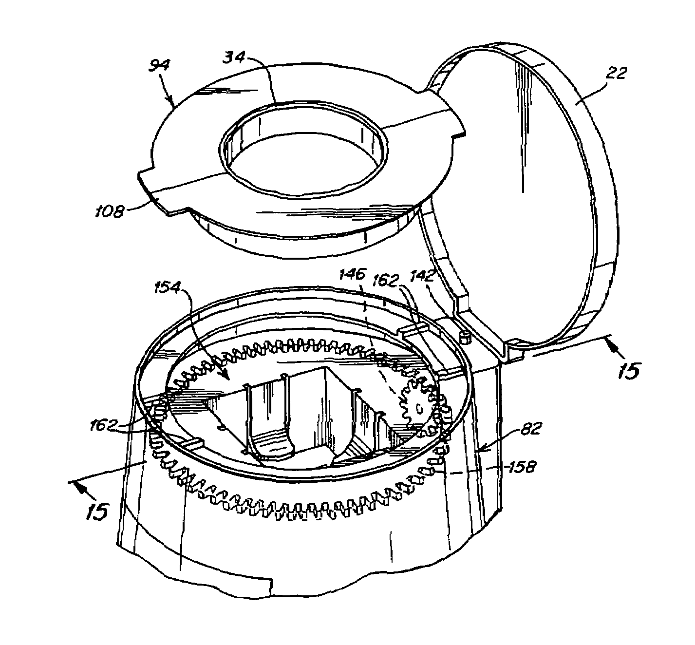 Waste disposal device including a rotatable geared rim to operate a cartridge