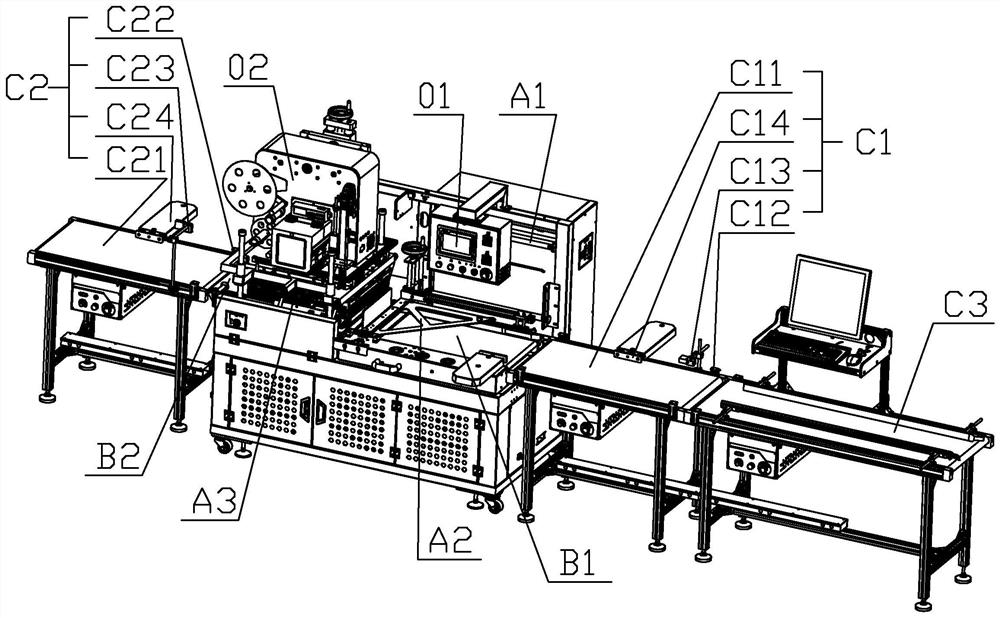 Labeling assembly line applied to full-automatic film sealing, cutting and packaging machine