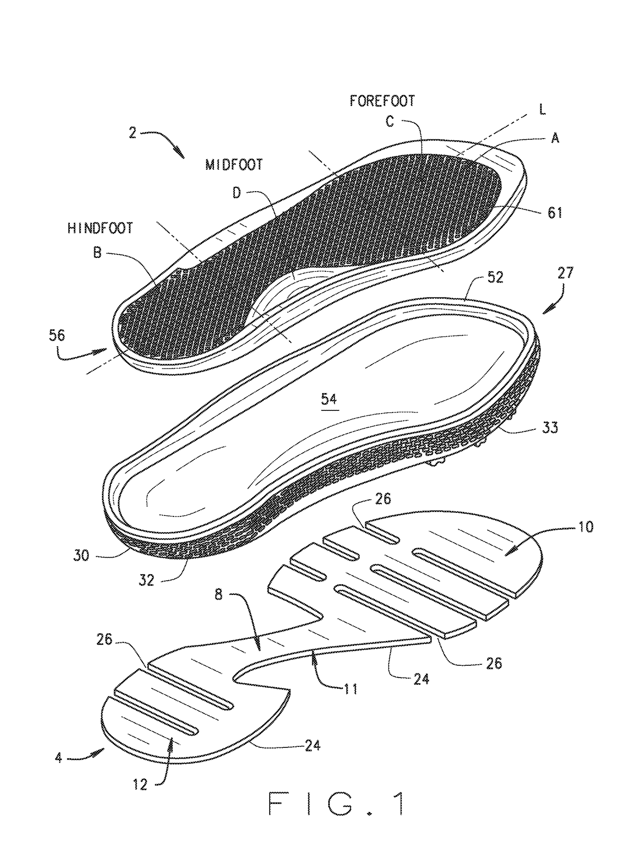 Three layer shoe construction with improved cushioning and traction