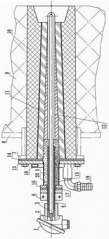 Integrally-brick-plugged thermocouple provided with cooling water loop