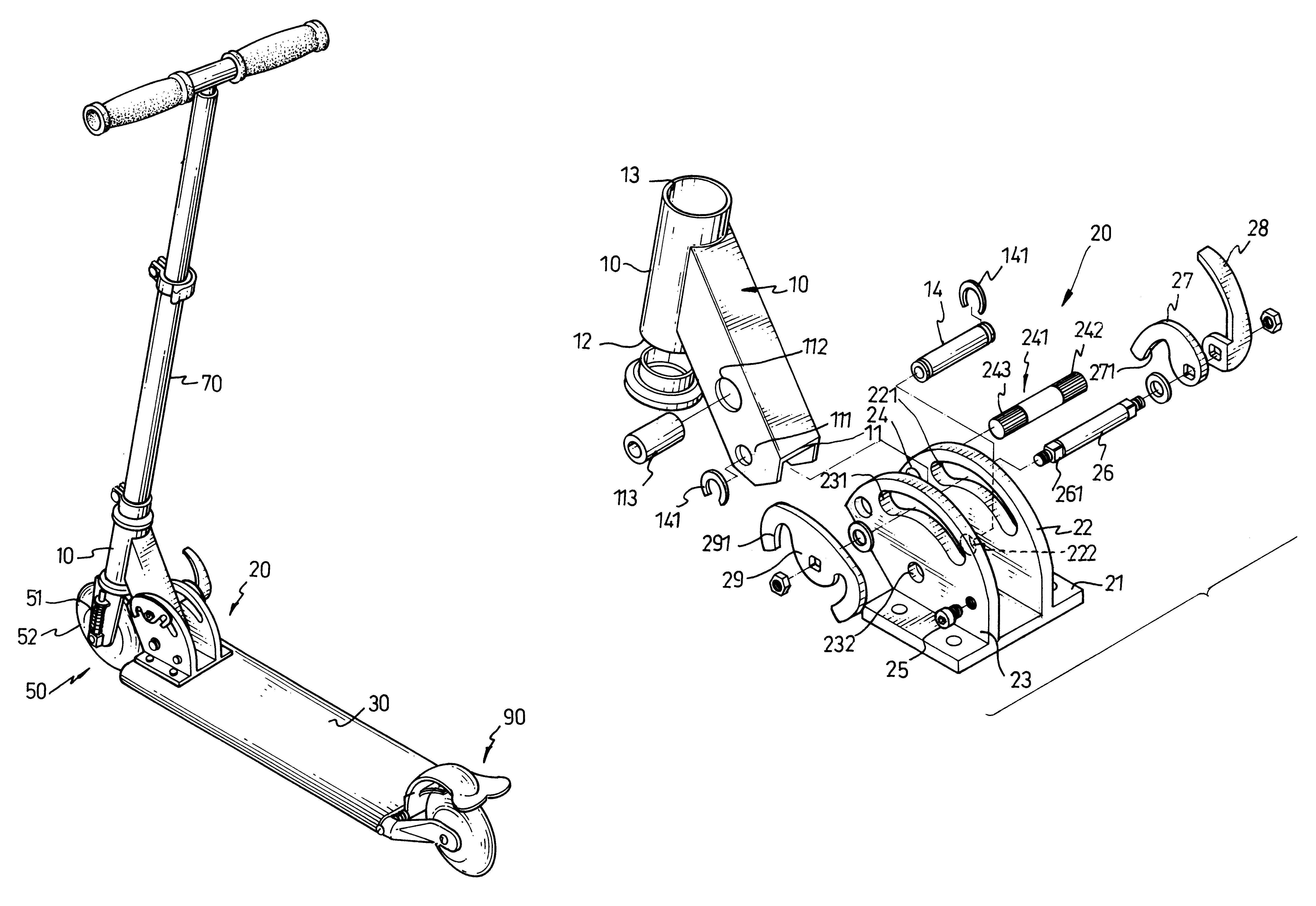 Foldable scooter with head tube assembly, brake and suspension