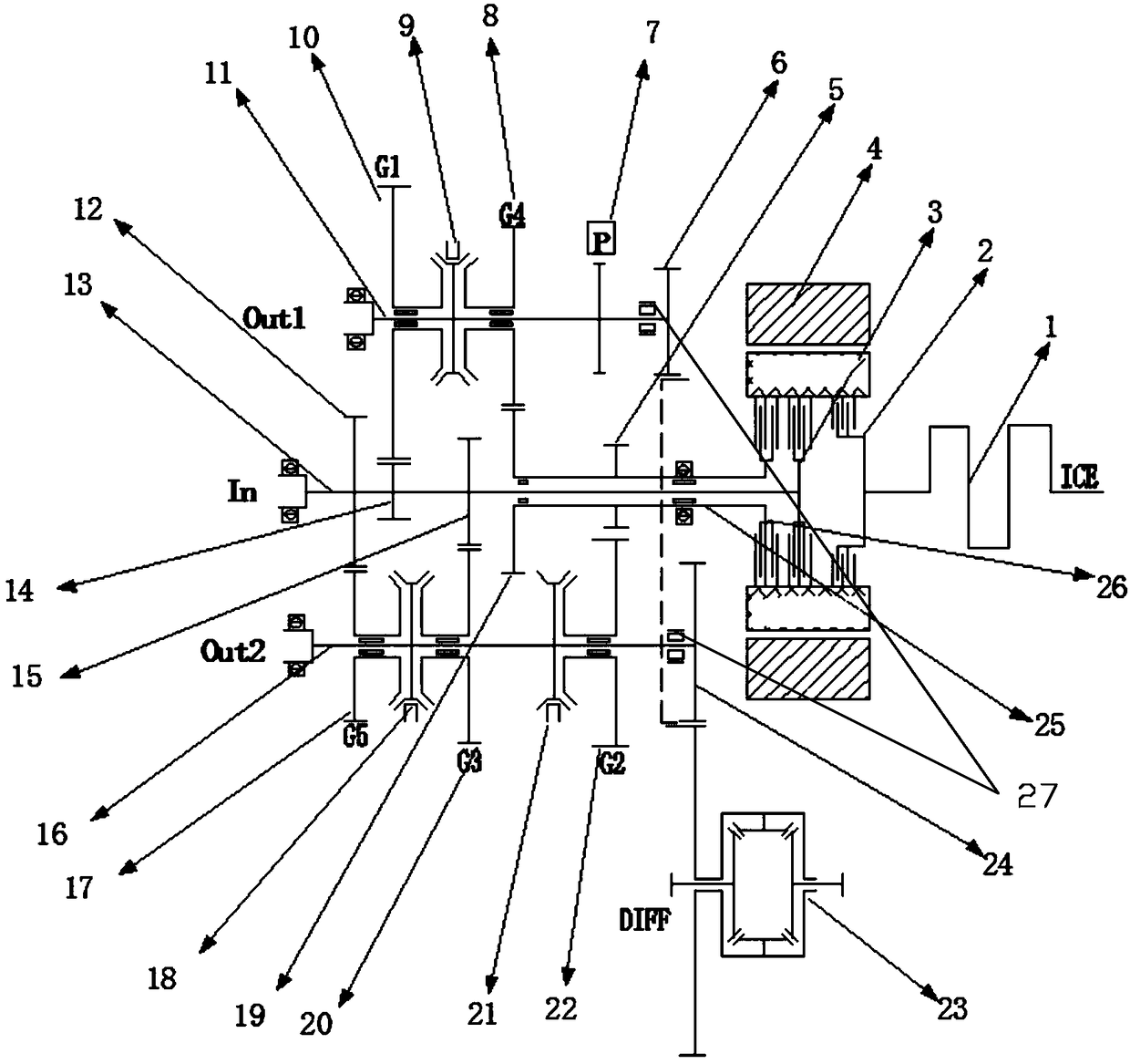 Three-clutch hybrid power transmission