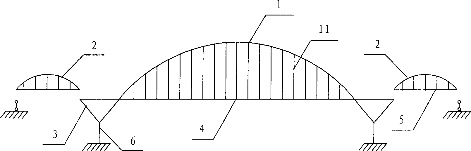 Three span continuous rigid structure steel arched bridge