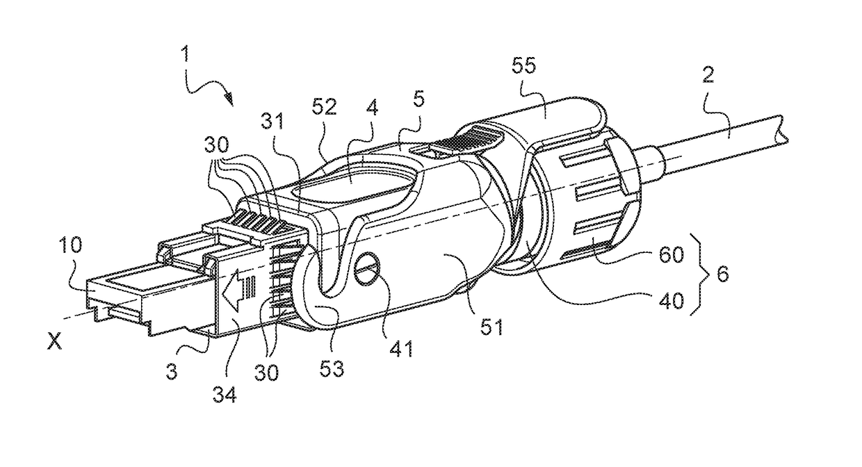 Plug for connection to a socket of a panel of an electronic equipment housing having anti-breakage means for the optical cable on which the plug is mounted