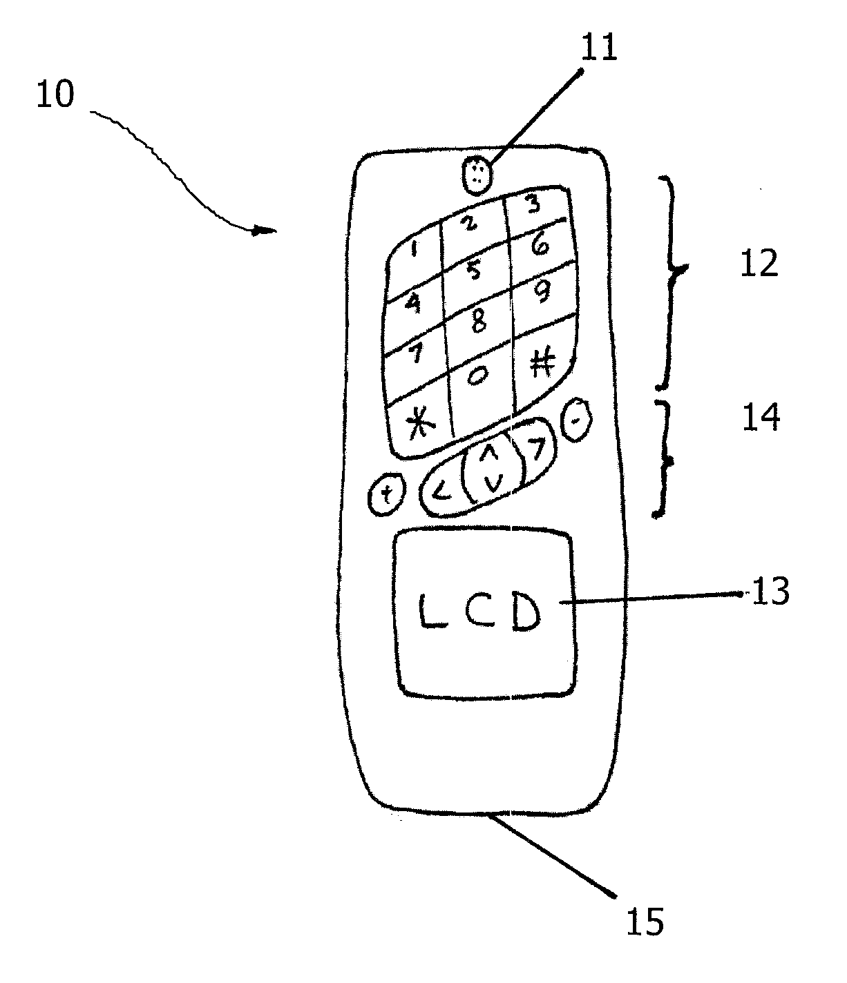 Cell phone and cordless phone with inverted keypad and display arrangement and slanted rows of buttons on keypad