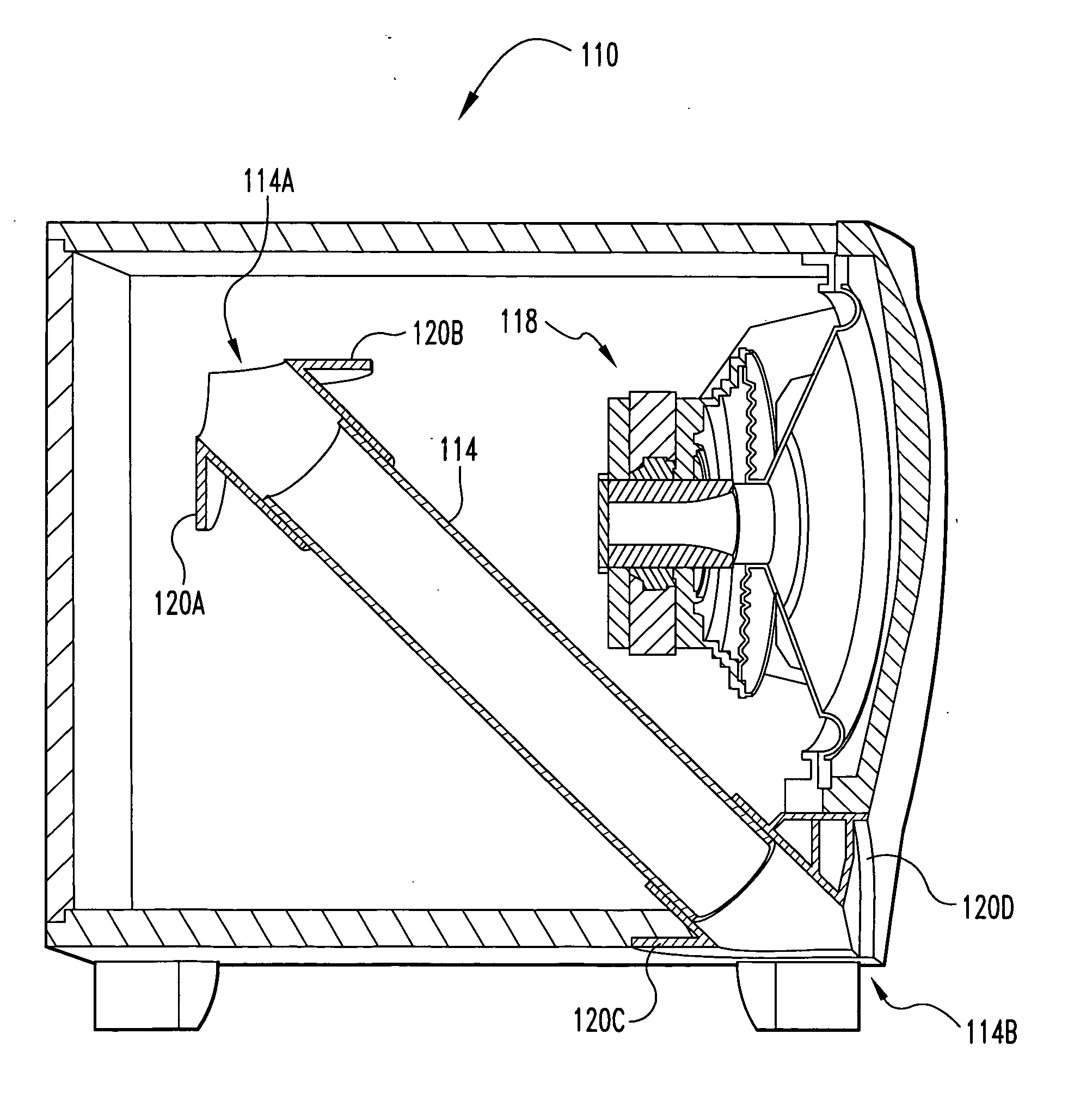 Loudspeaker assembly having a folded bifurcated vent tube