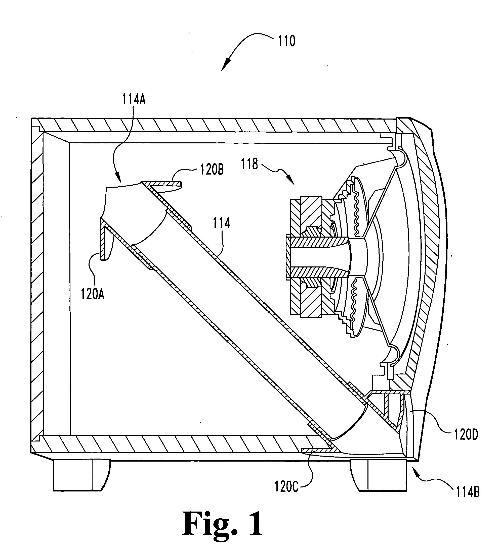 Loudspeaker assembly having a folded bifurcated vent tube
