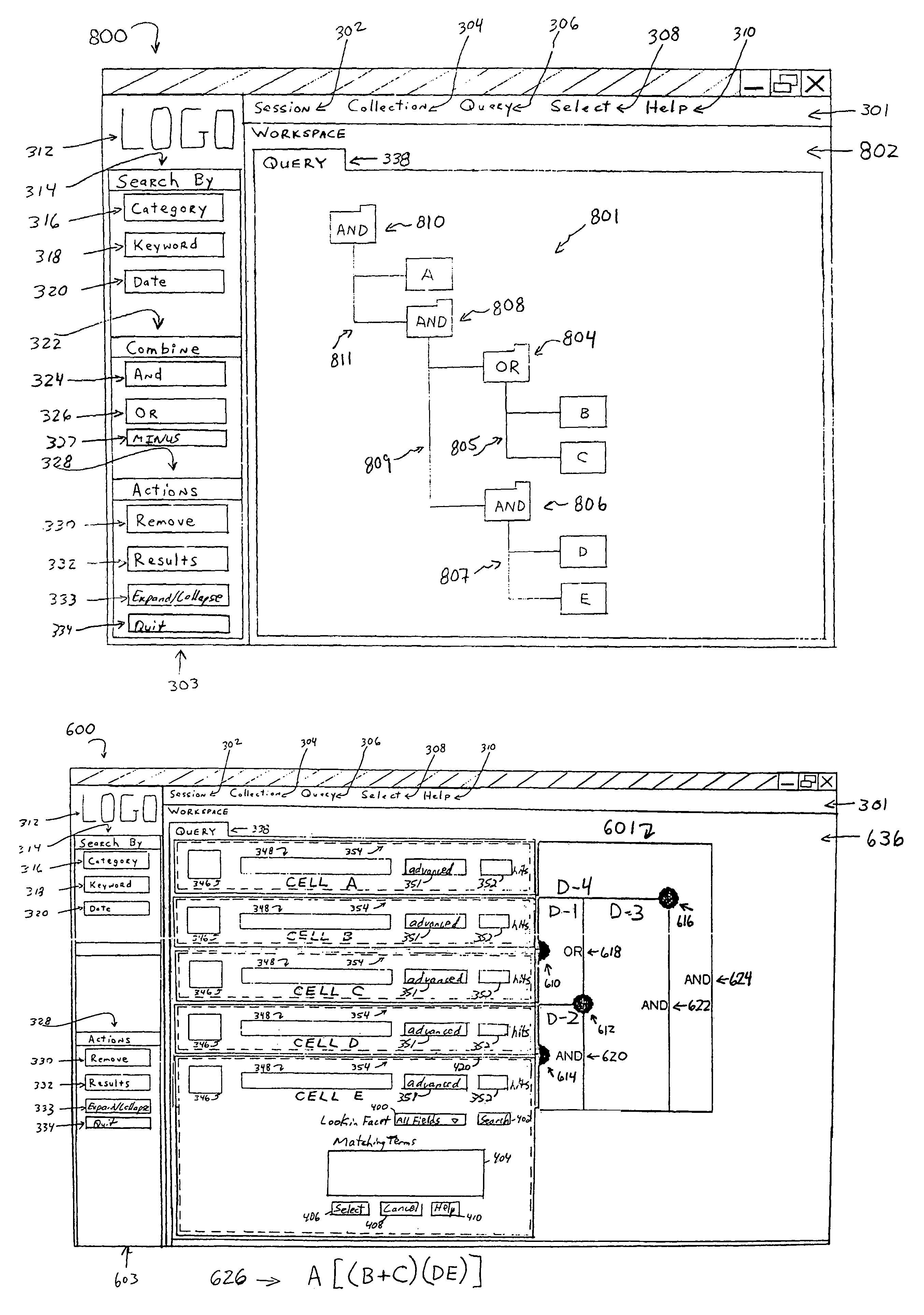 Graphical user interface for building boolean queries and viewing search results