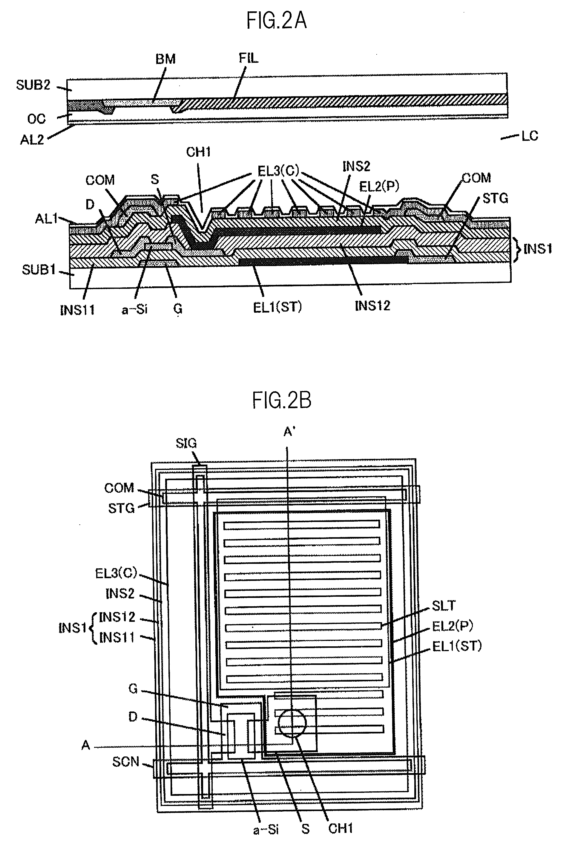 Liquid crystal display device having first, second, and third transparent electrodes wherein a second region of the second electrode protrudes from a first region