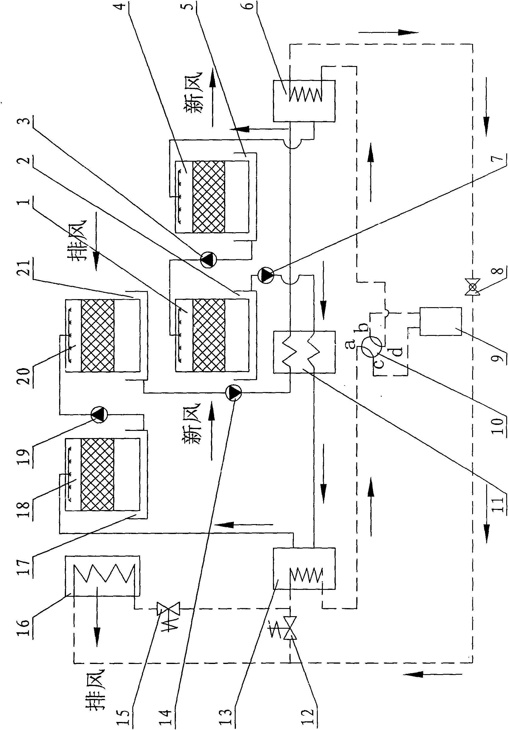 Heat pump coupling contraflow type liquid-desiccant central ventilation system and control method thereof