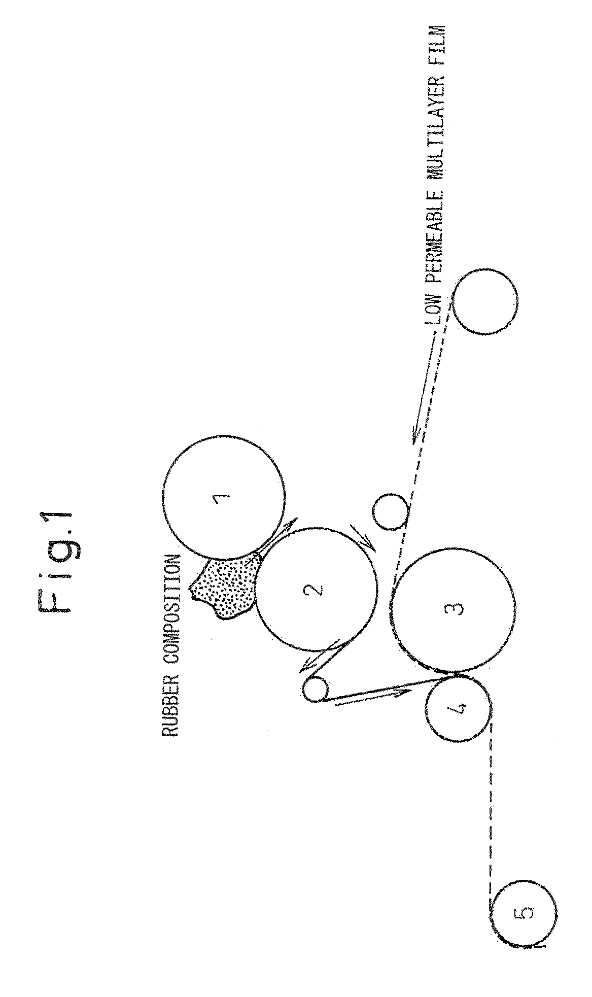 Method of production of low-permeable rubber laminate using multi-layer film of low-permeable resin