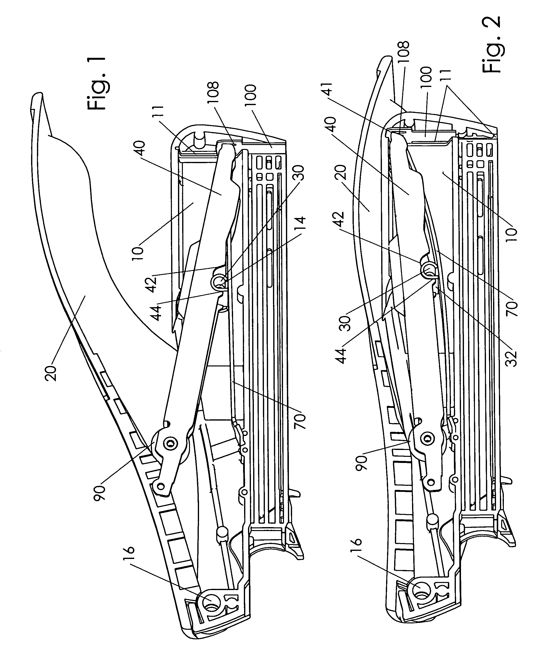 Spring energized stapler lever fulcrum in low position