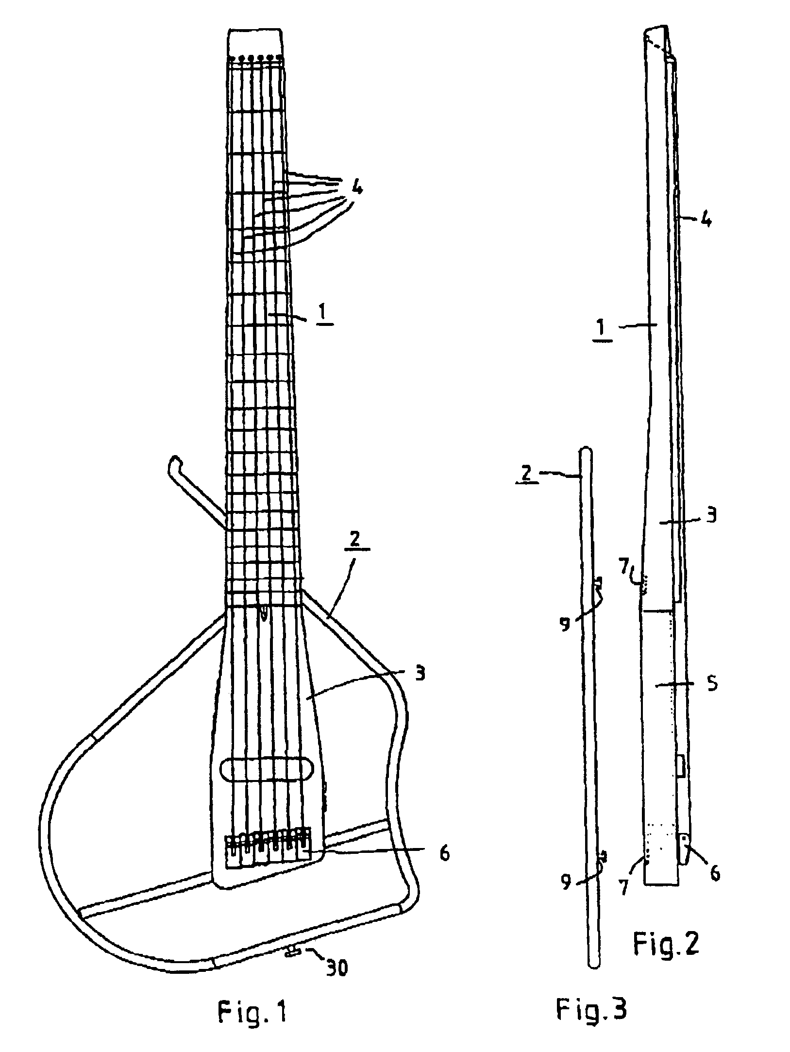 Guitar or similar musical instrument comprising a detachable body support