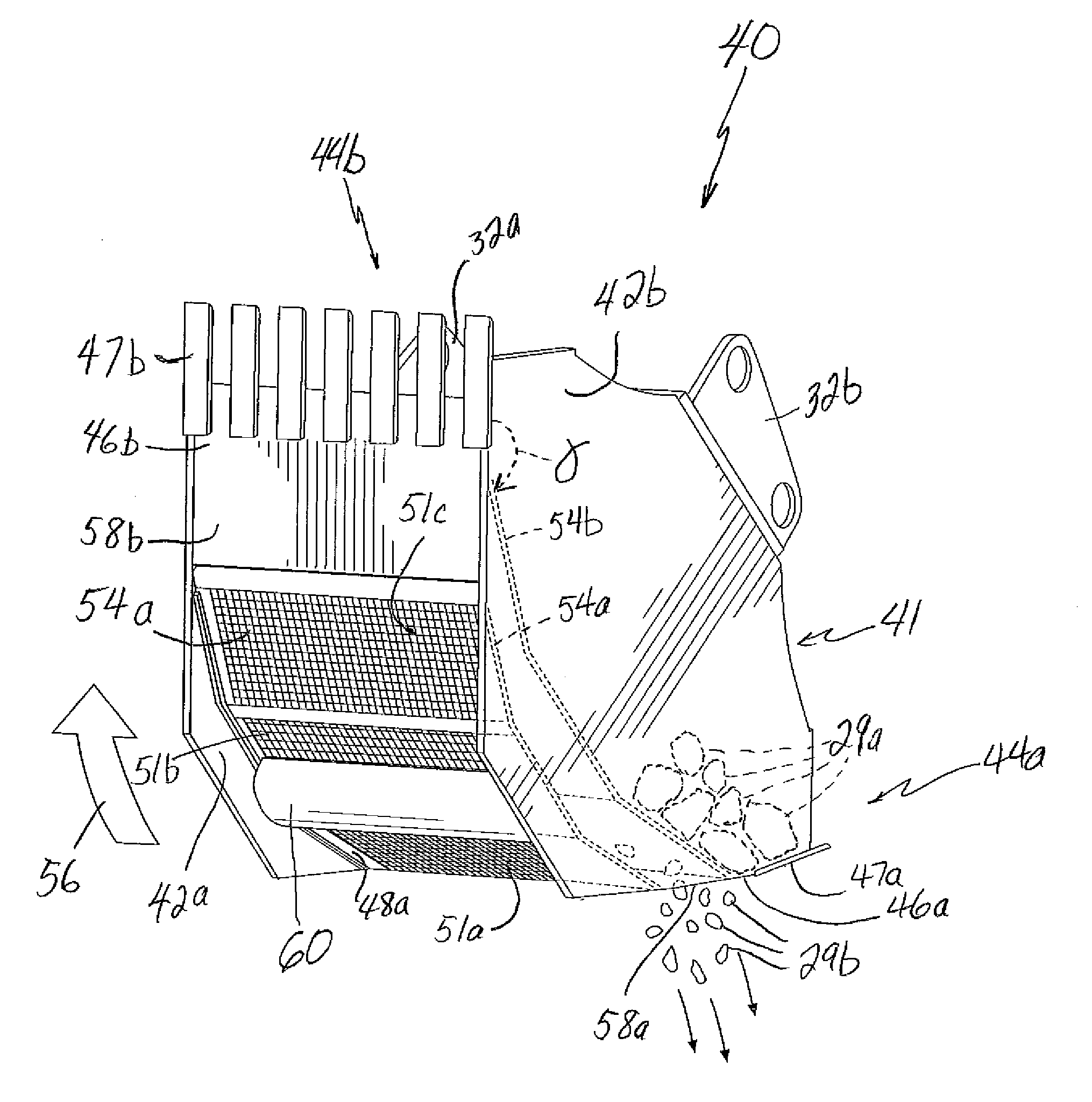 Excavating machinery with bucket for screening and/or mixing excavated material