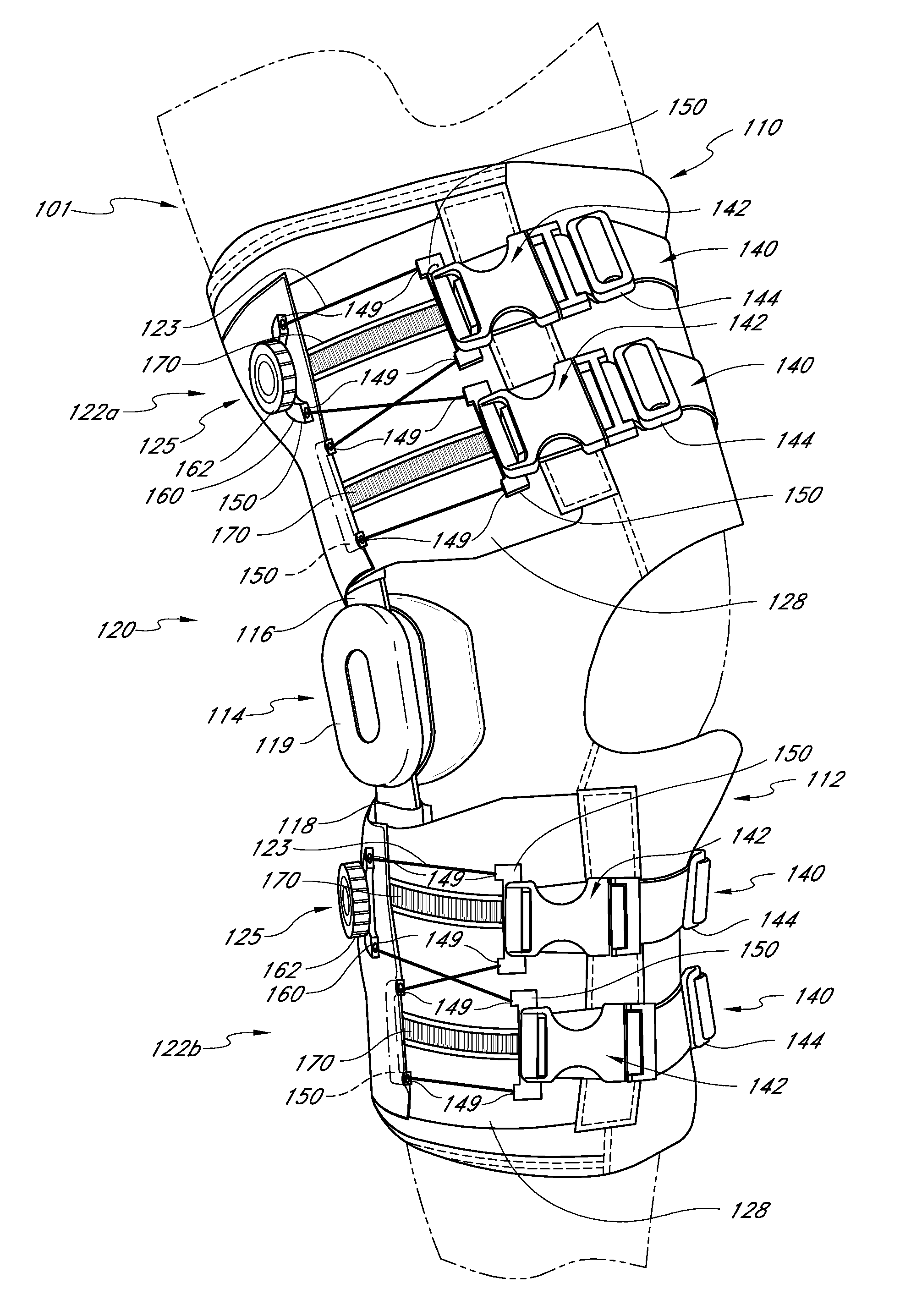 Closure system for braces, protective wear and similar articles