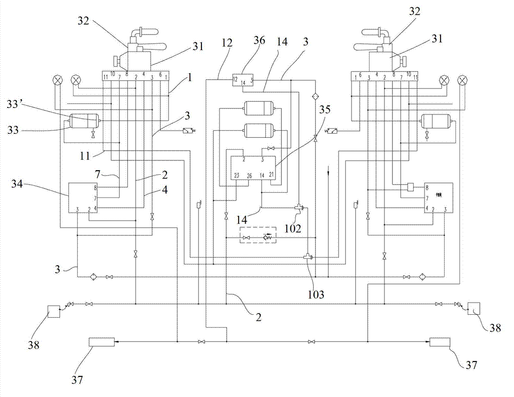 Control device of air braking system of rail vehicles