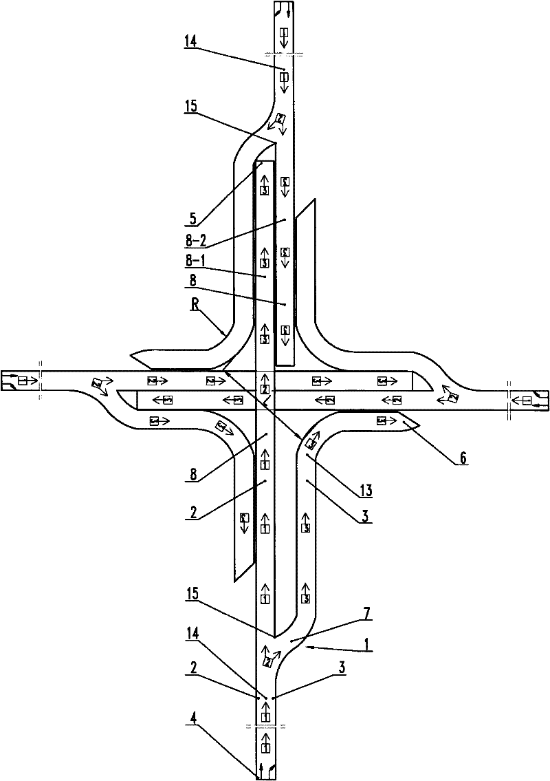 Combined bridge consisting of four independent left-handed long-short Y-shaped bifurcate bridges