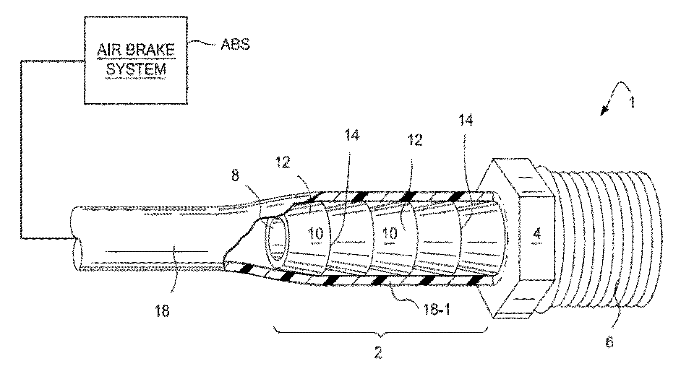 Air-braking systems having a stretched plastic tube with a fitting inserted into a stretched end part of the tube