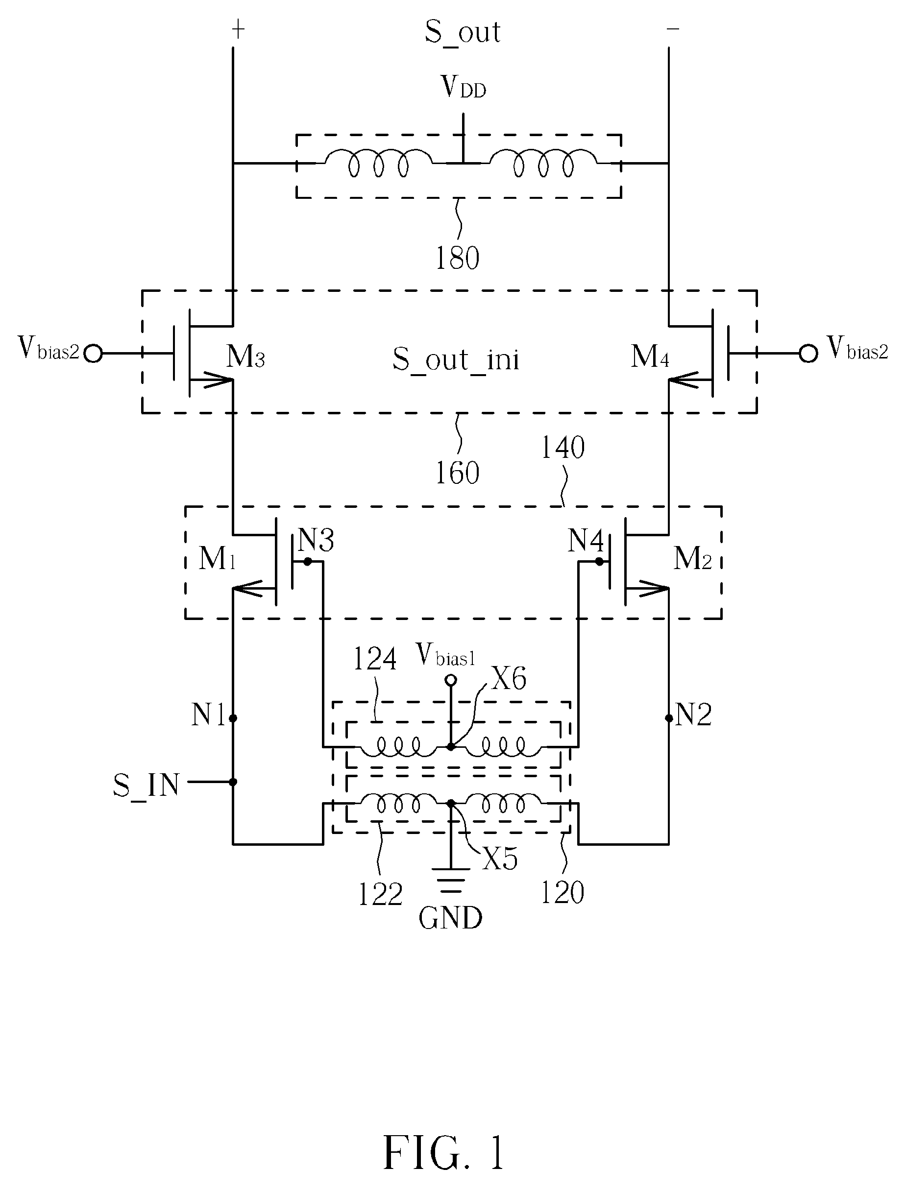 Amplifier with gain circuit coupeld to primary coil of transformer