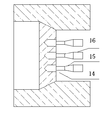 Working device for extruding miniature thin-wall multi-hole flat pipes by using multiple-step tower-shaped fishtail type core rod