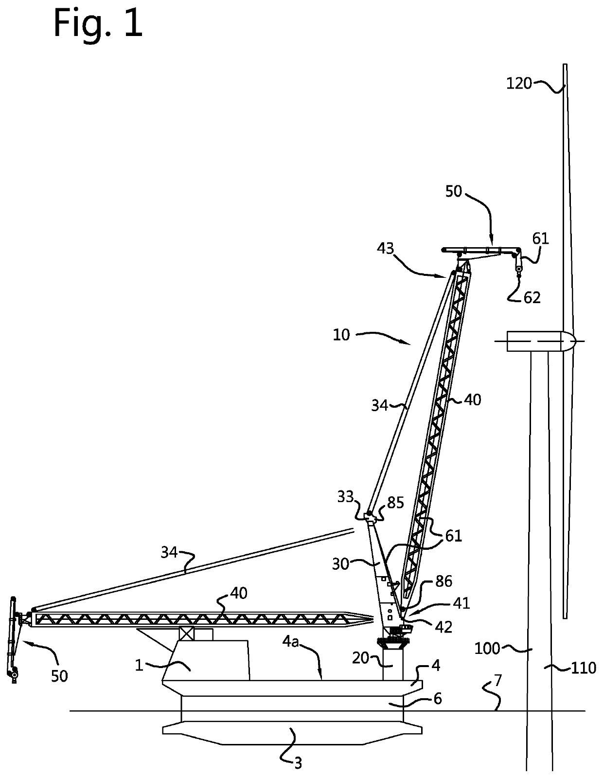 A wave-induced motion compensating crane for use on an offshore vessel, vessel and load transferring method