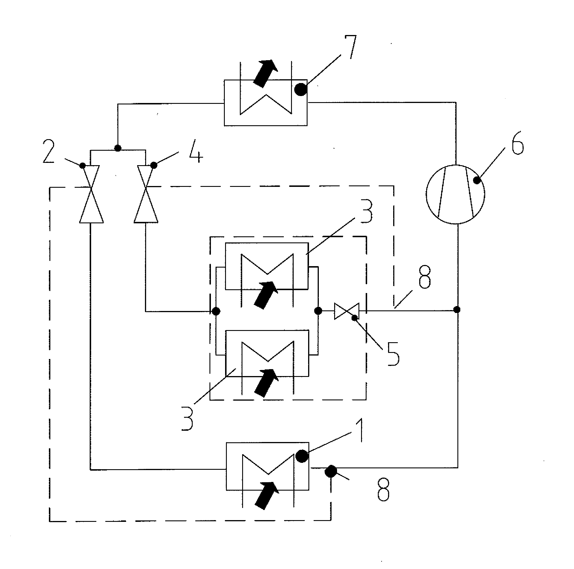 Refrigeration plant with refrigerant evaporator arrangement and process for parallel air and battery contact cooling