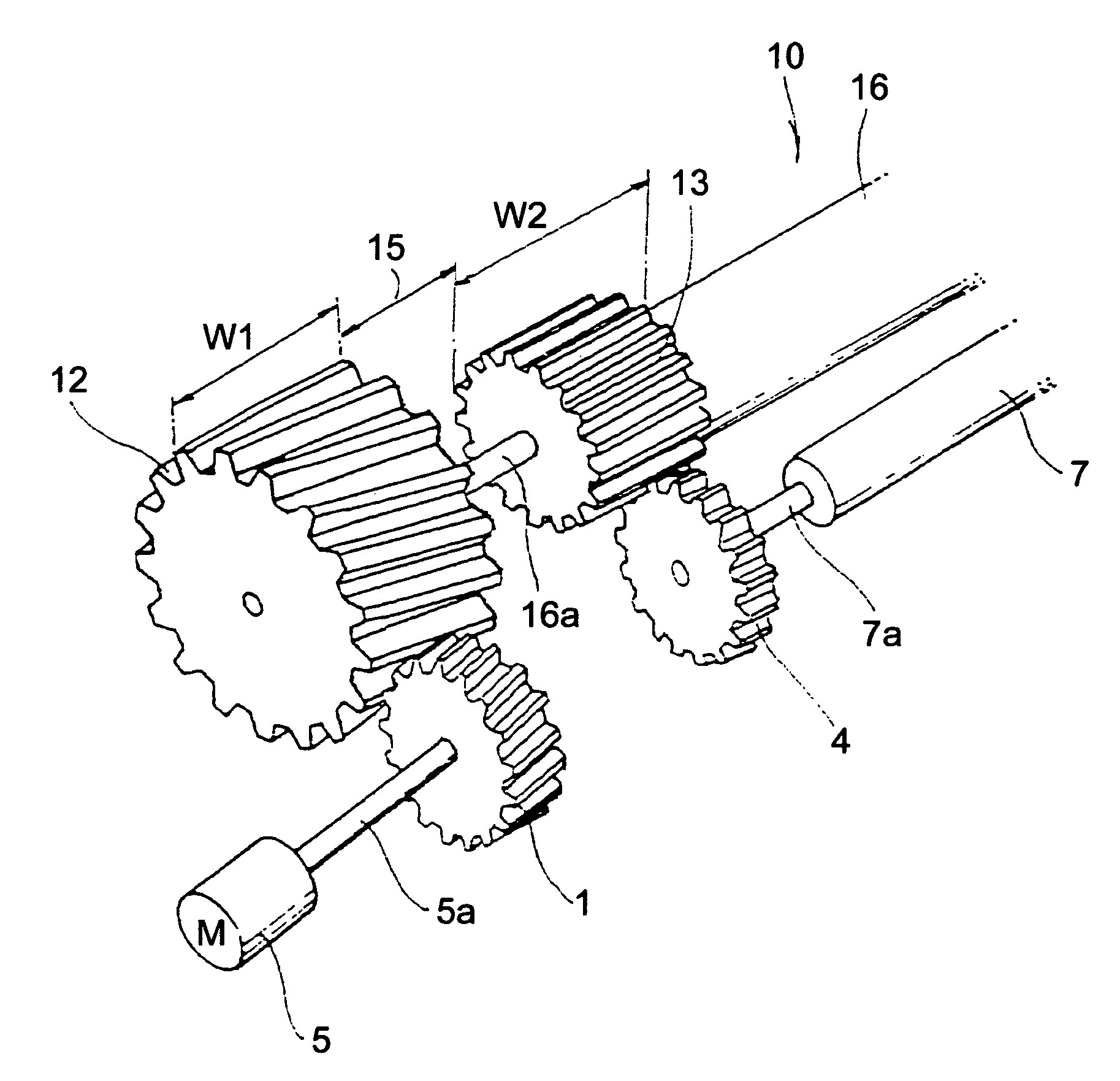 Drum assembly having helical gear and spur gear spaced therebetween for use in printer