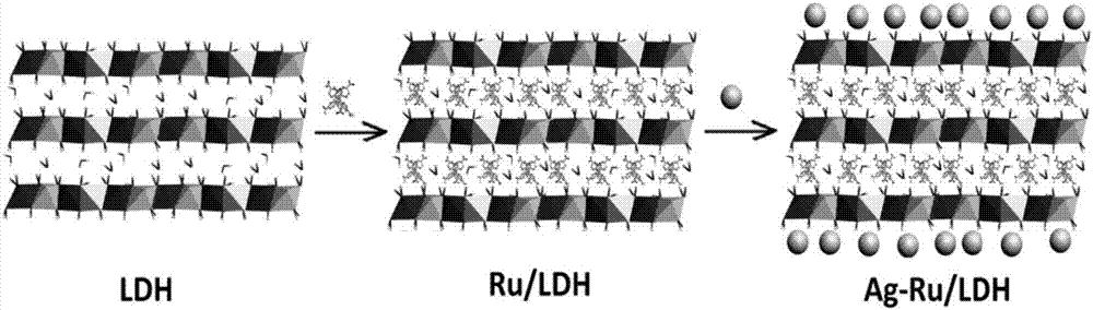 Ruthenium complex and nanometer silver composite hydrotalcite type nanometer material and preparation method and application thereof