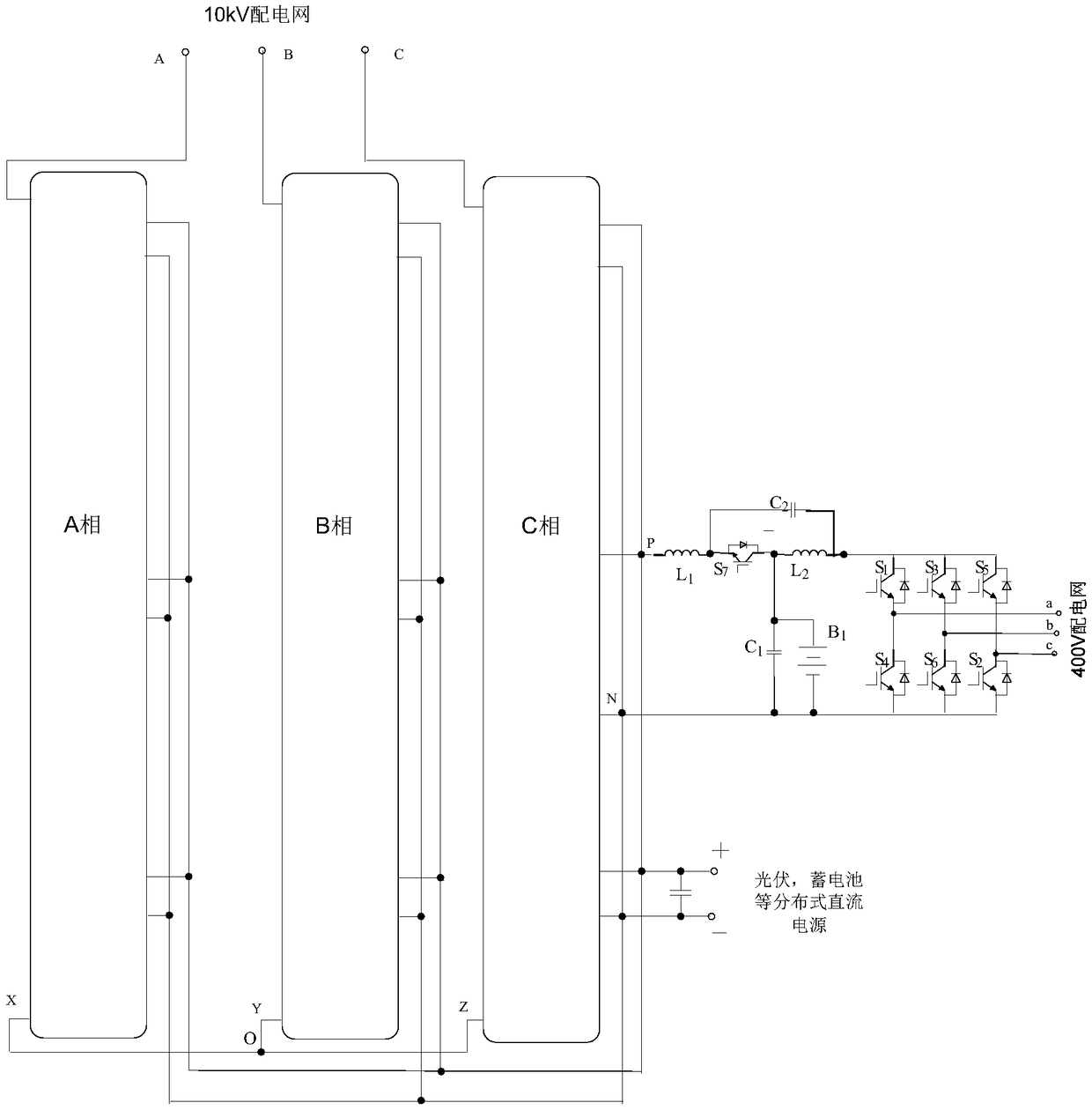 A power electronic transformer with an energy storage device