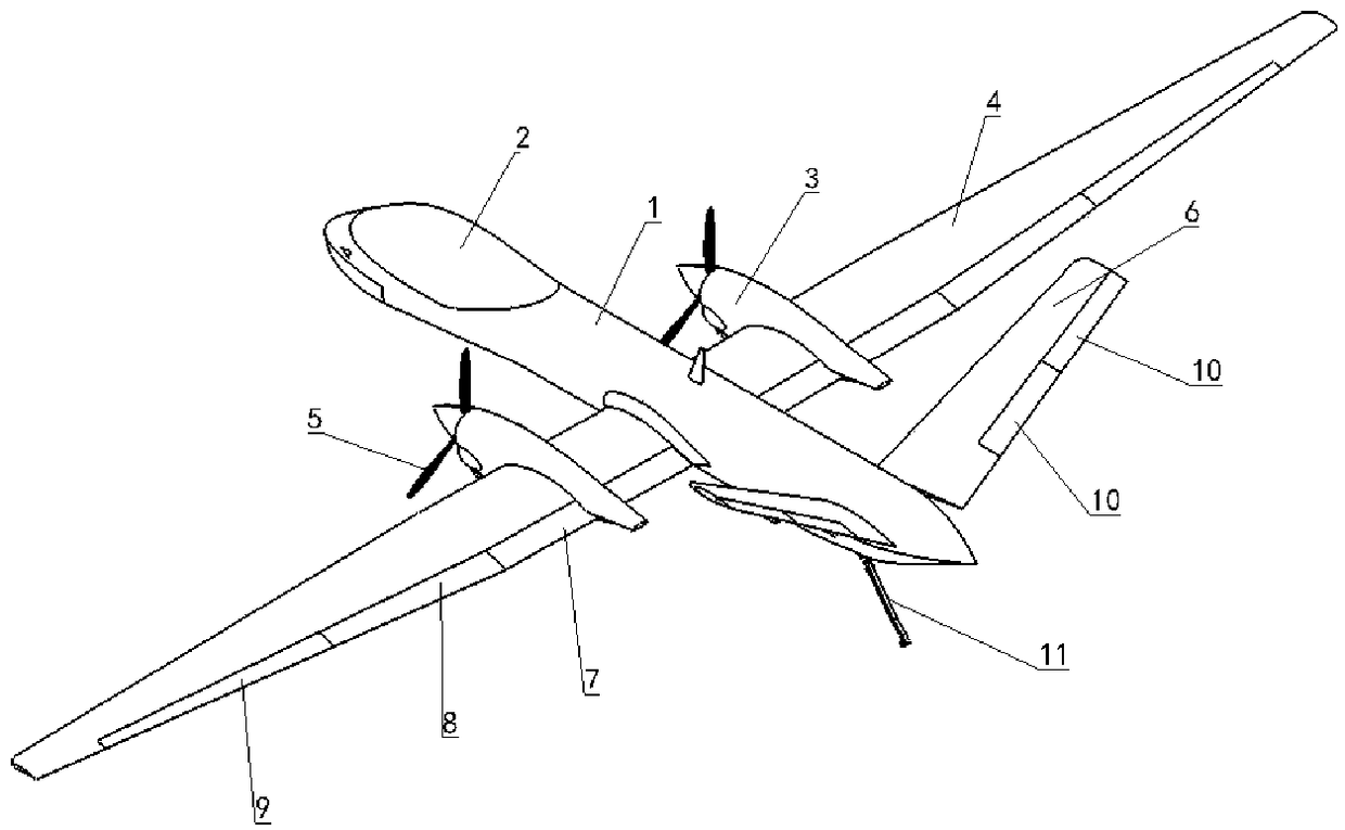 Overall aerodynamic layout and short-distance taking-off and landing method of double-engine unmanned aerial vehicle
