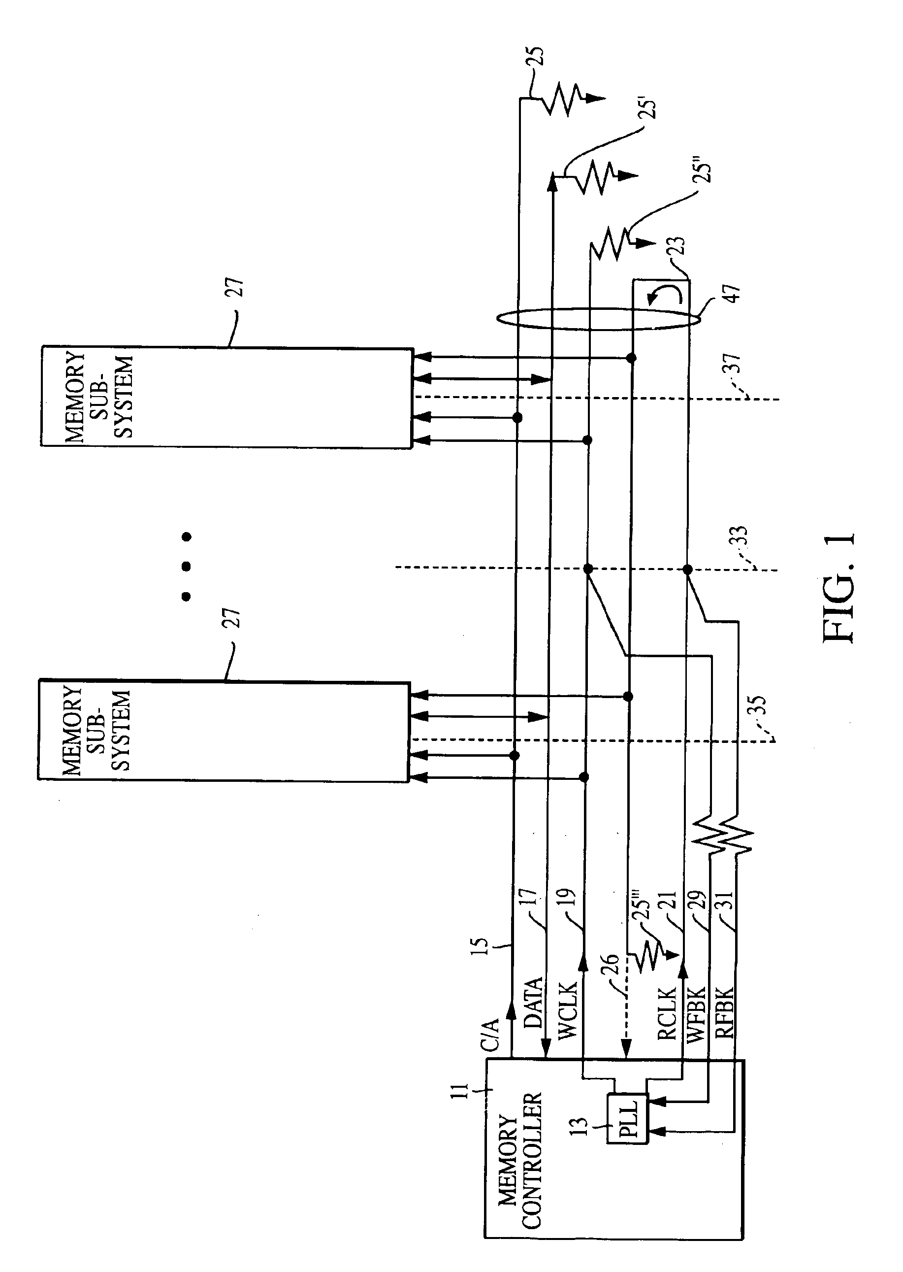 Memory system that sets a predetermined phase relationship between read and write clock signals at a bus midpoint for a plurality of spaced device locations
