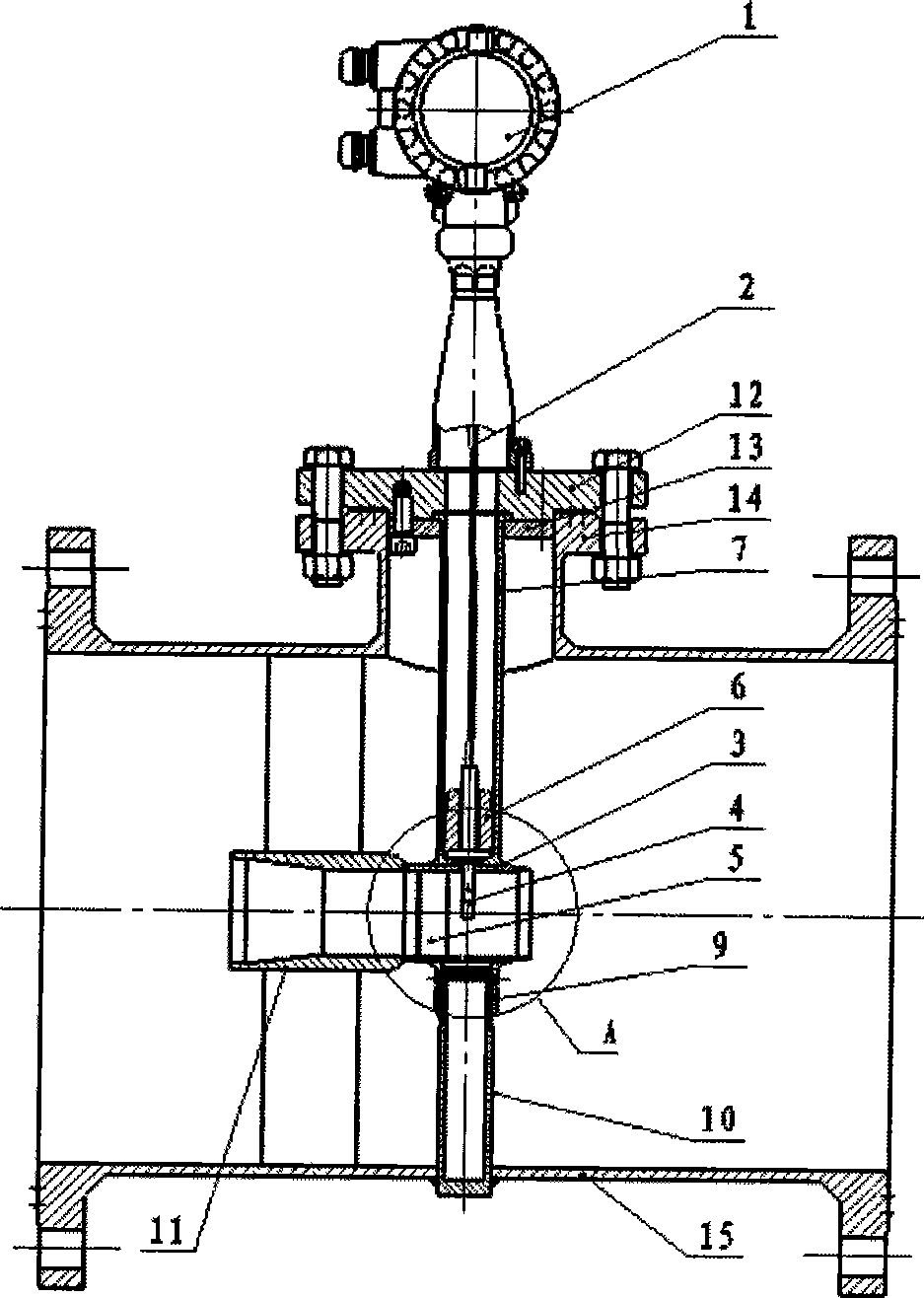 Large caliber vortex shedding flowmeter