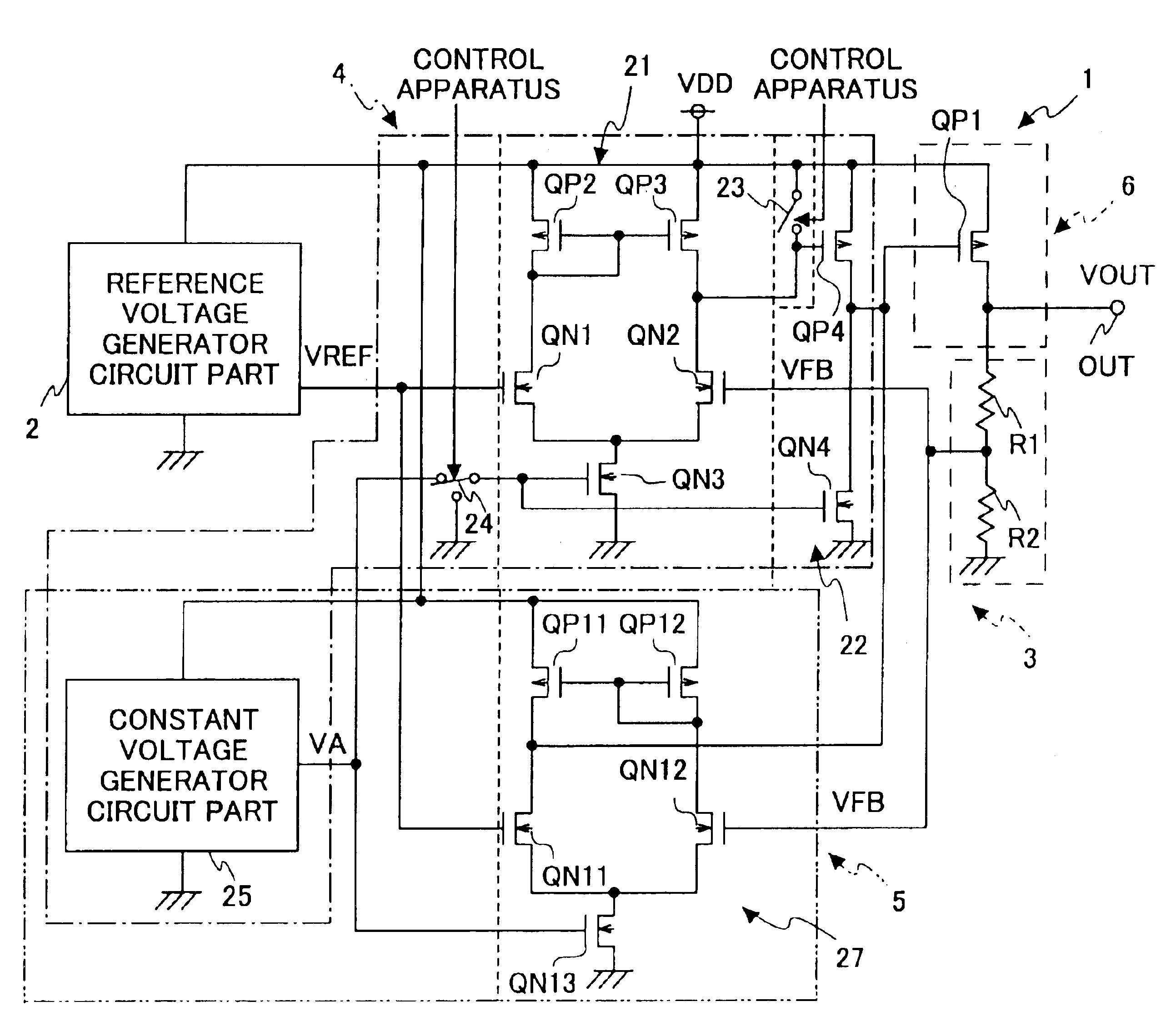 Voltage regulator using two operational amplifiers in current consumption