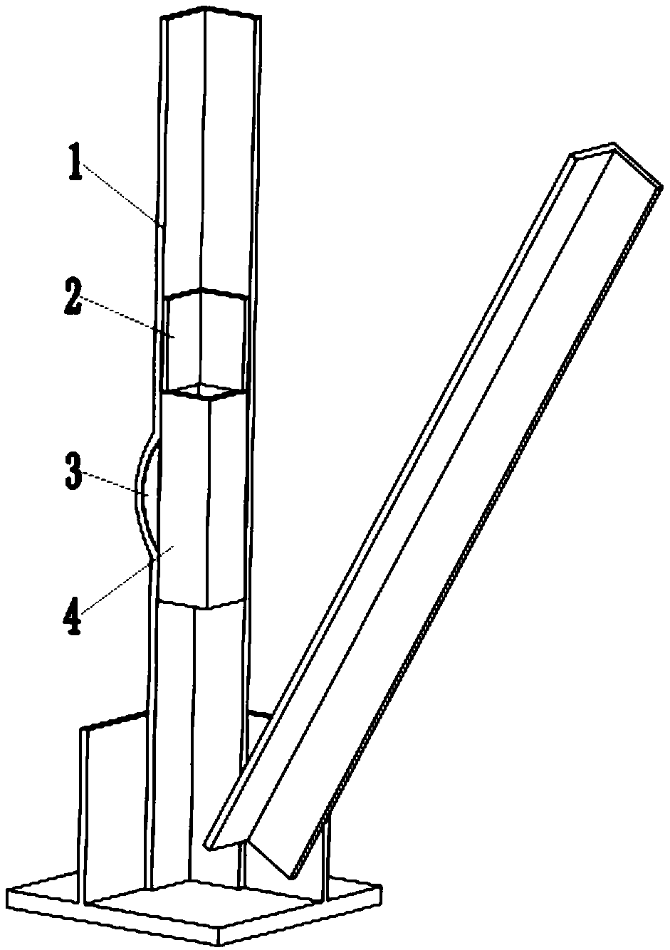 Reinforcing device and method for bending main material of tower leg of power transmission angle steel tower