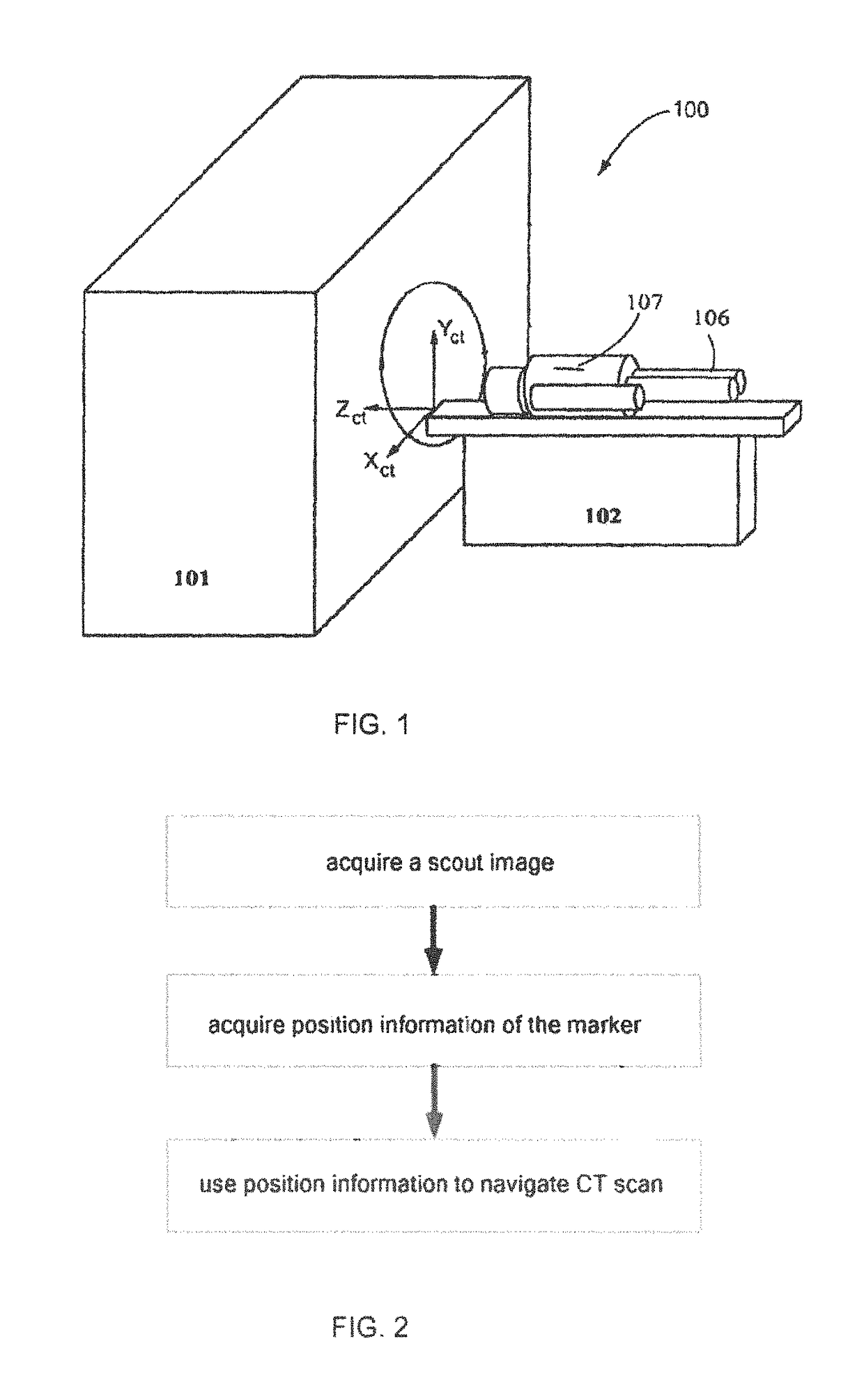 Method and apparatus for navigating CT scan with a marker