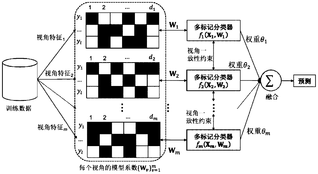 Multi-view multi-mark classification method based on view category characteristic learning
