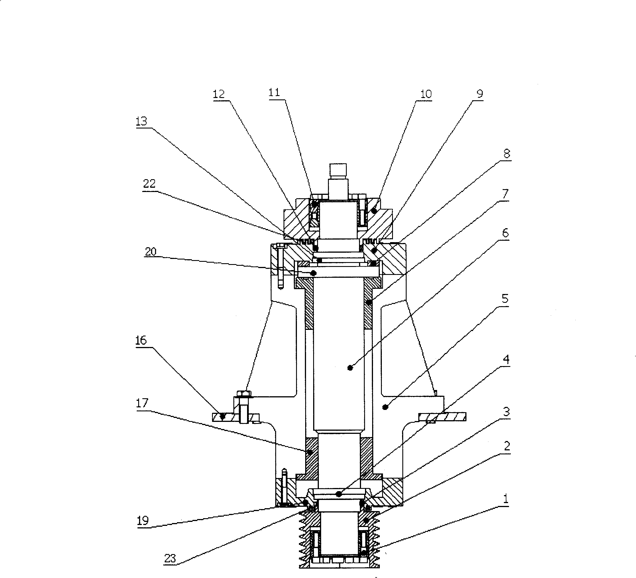 Vertical shaft support system of vertical shaft type impact crusher, and vertical shaft support device