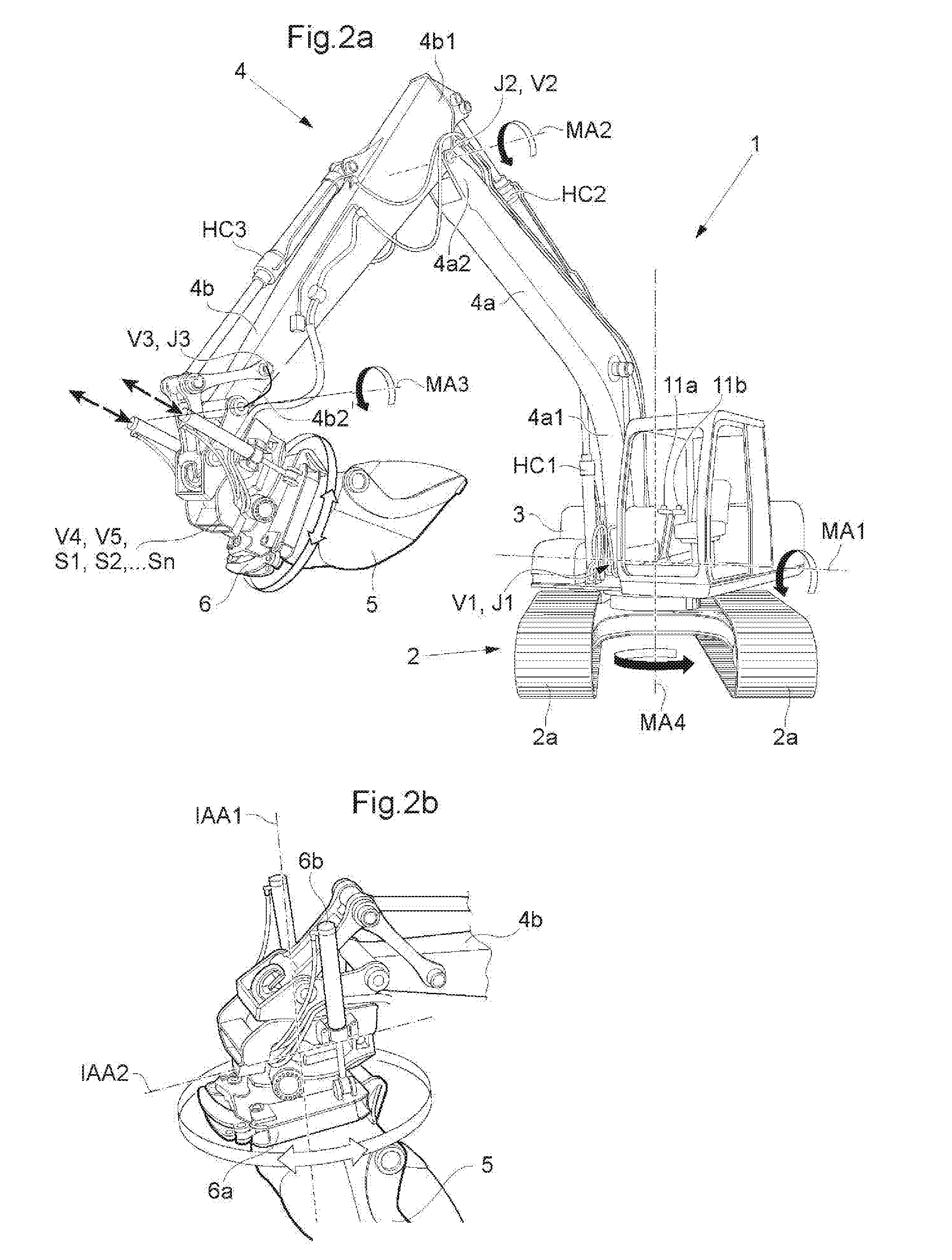 System and methods for with a first and a second hand operated control, controlling motion on a work tool for a construction machine