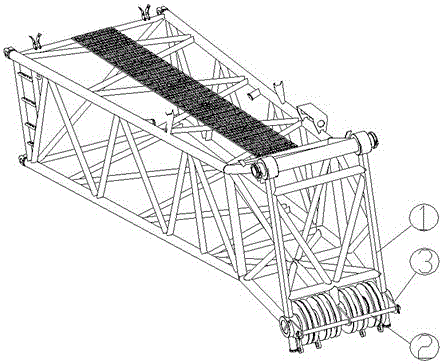 A segmented disassembly-free folding rope stop device and a jib system with the rope stop device
