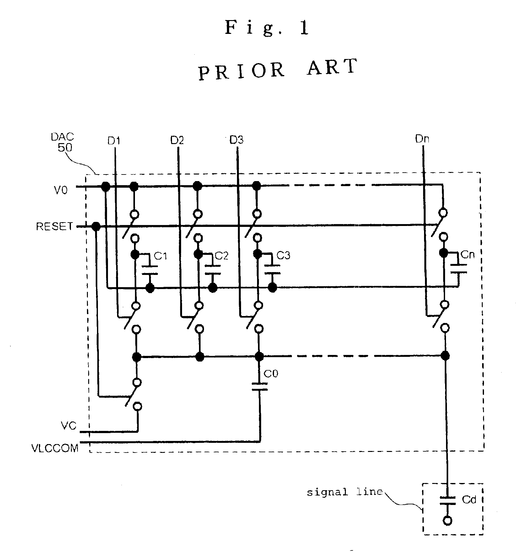 Display device for D/A conversion using load capacitances of two lines