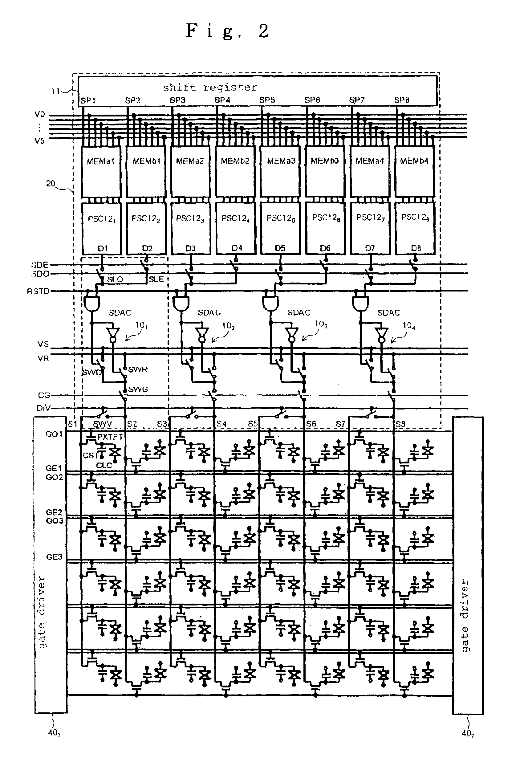 Display device for D/A conversion using load capacitances of two lines