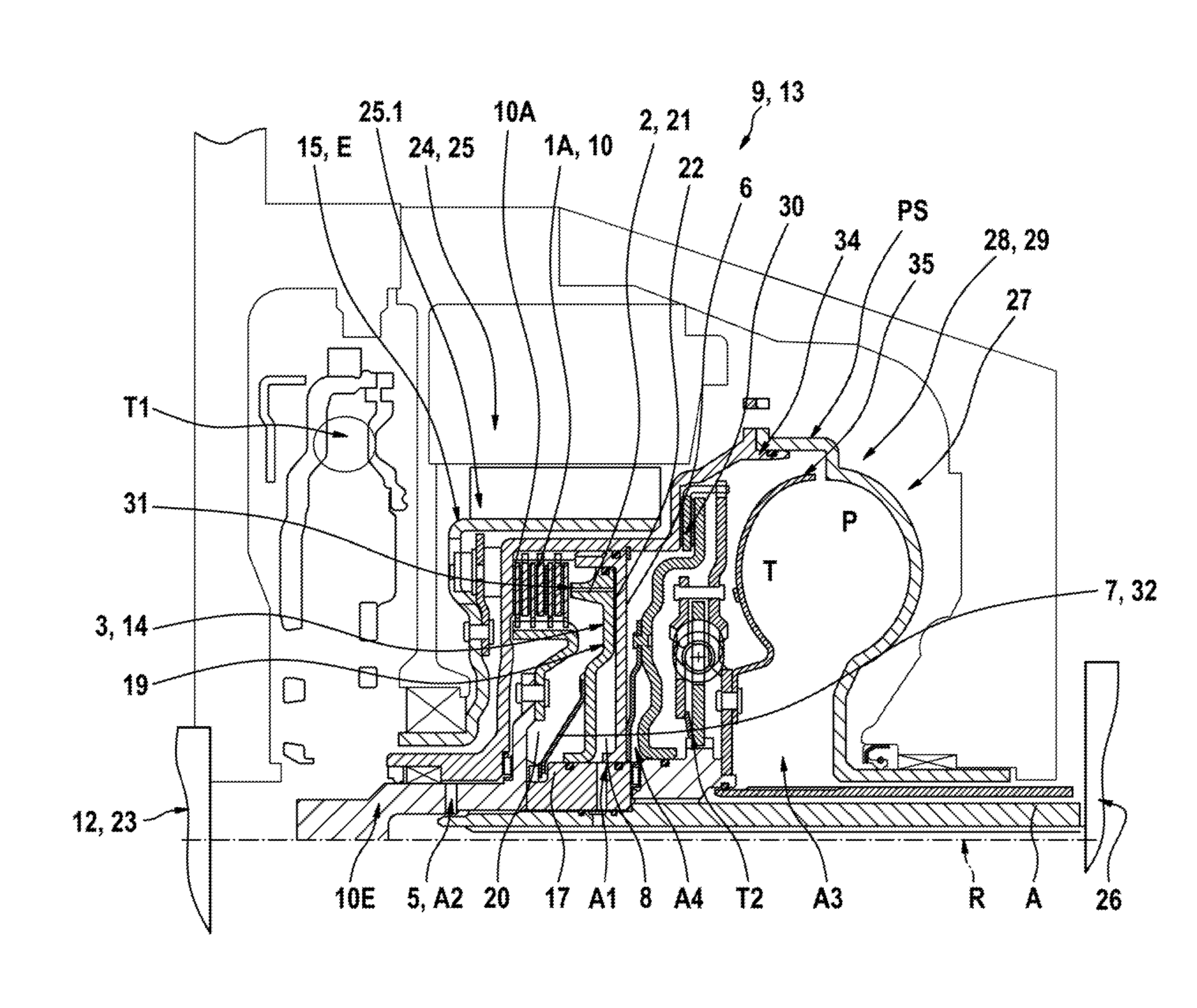 Shiftable clutch device, in particular with disc-type configuration, drive train for a hybrid system, and vehicle