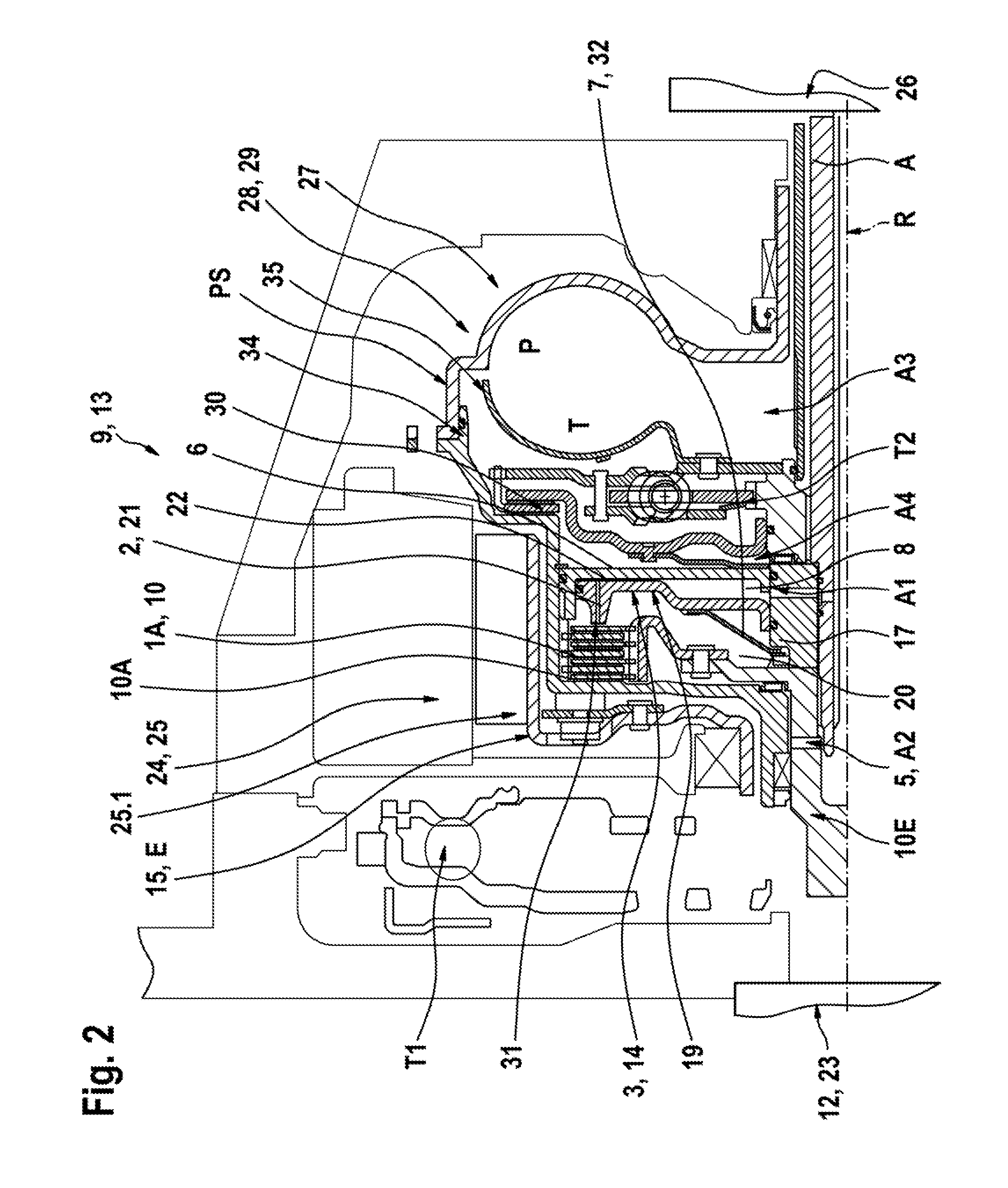 Shiftable clutch device, in particular with disc-type configuration, drive train for a hybrid system, and vehicle