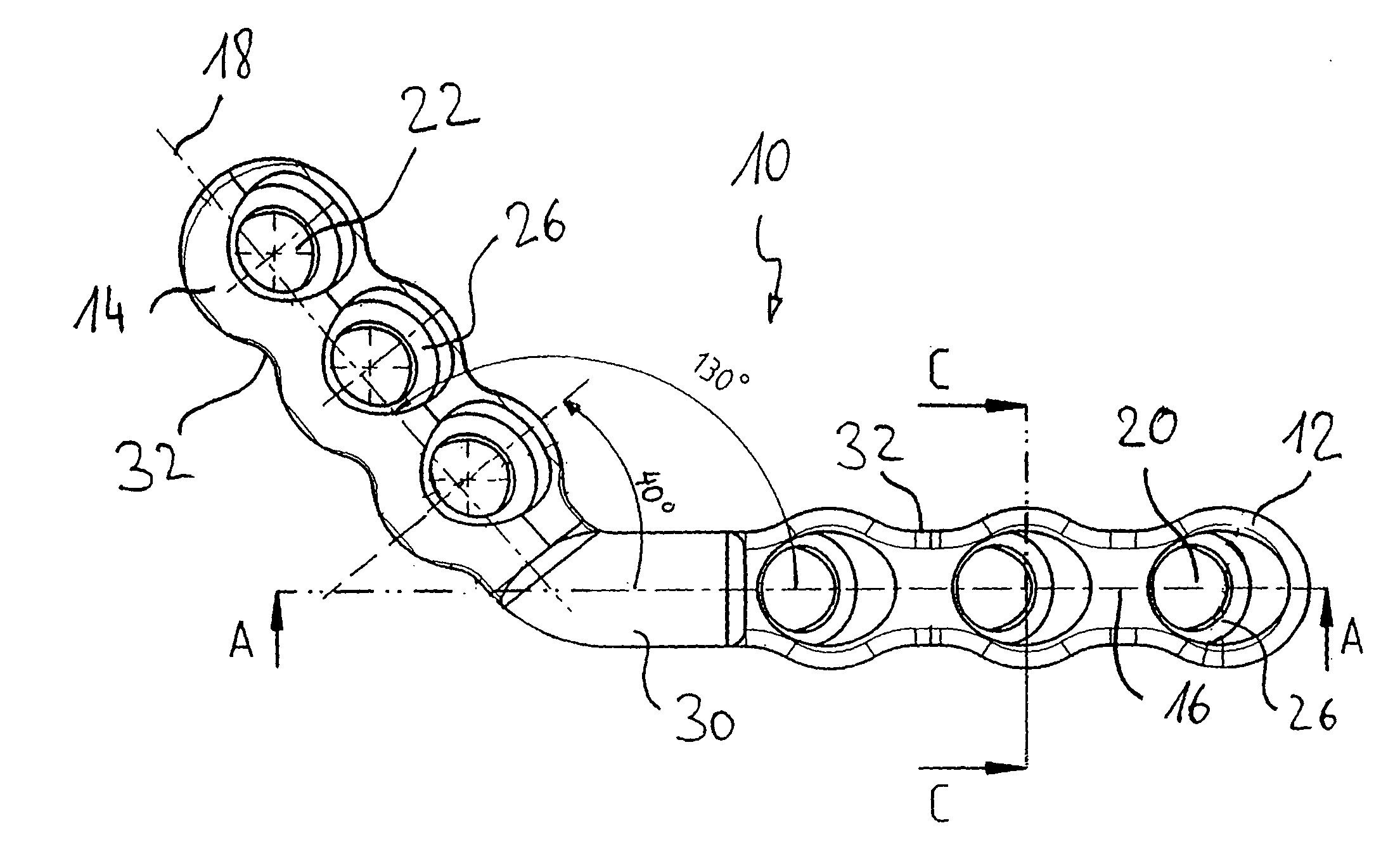 Osteosynthesis plate comprising through-openings which are inclined in relation to the plane of the plate