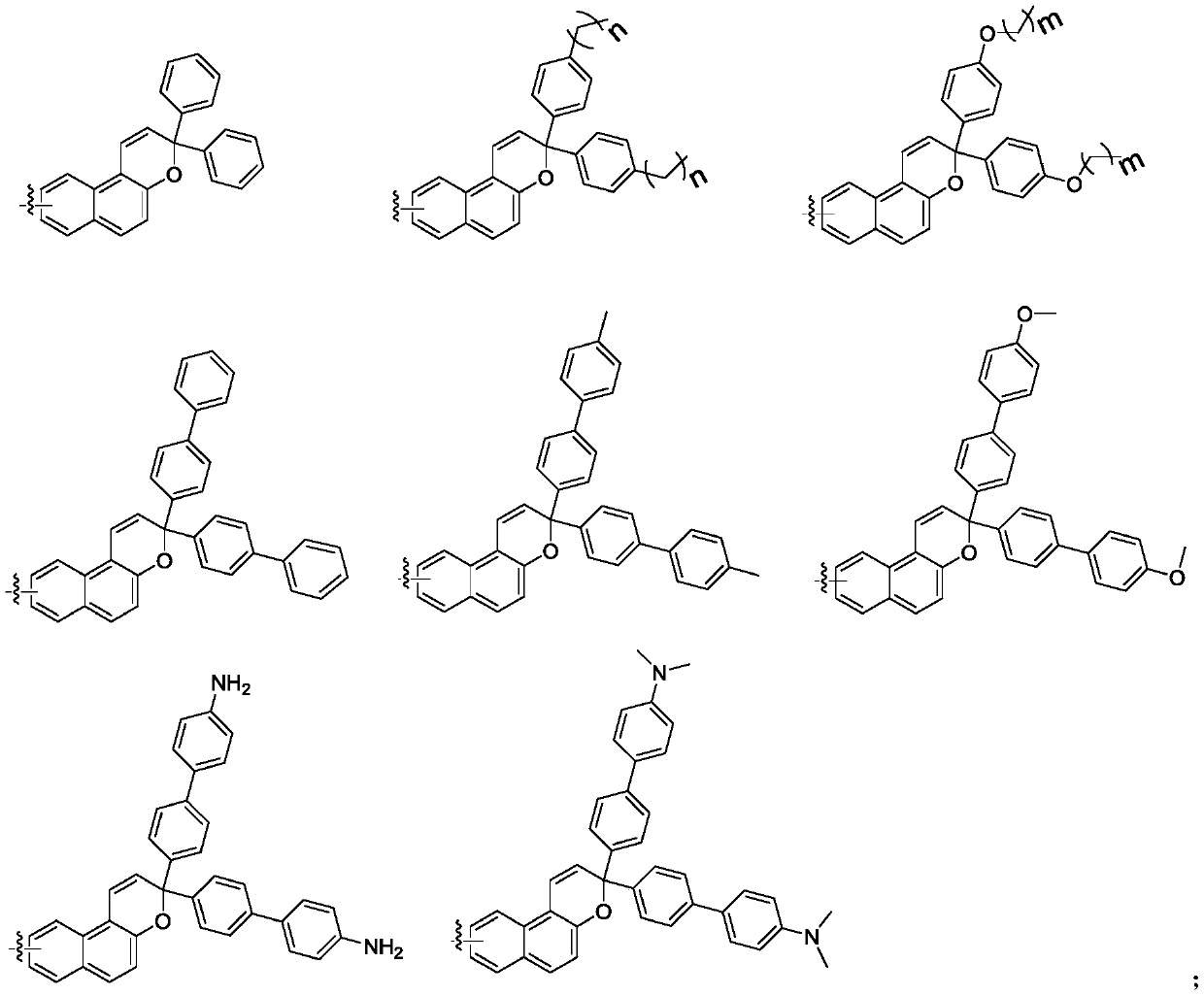 Naphthopyran branched triptycene compound, preparation method and application of naphthopyran branched triptycene compound